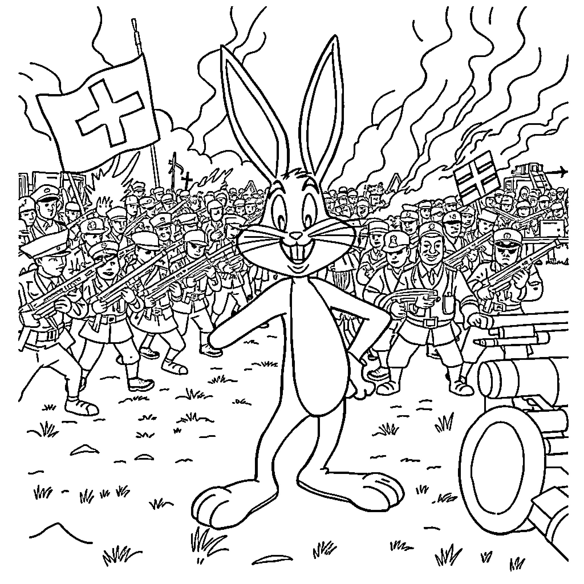 Bus Bunny leading a raucous crowd in protest Coloring Page (free black-and-white line drawing printable PDF for all, from beginners to advanced learners, including children, teens, adults, and seniors)