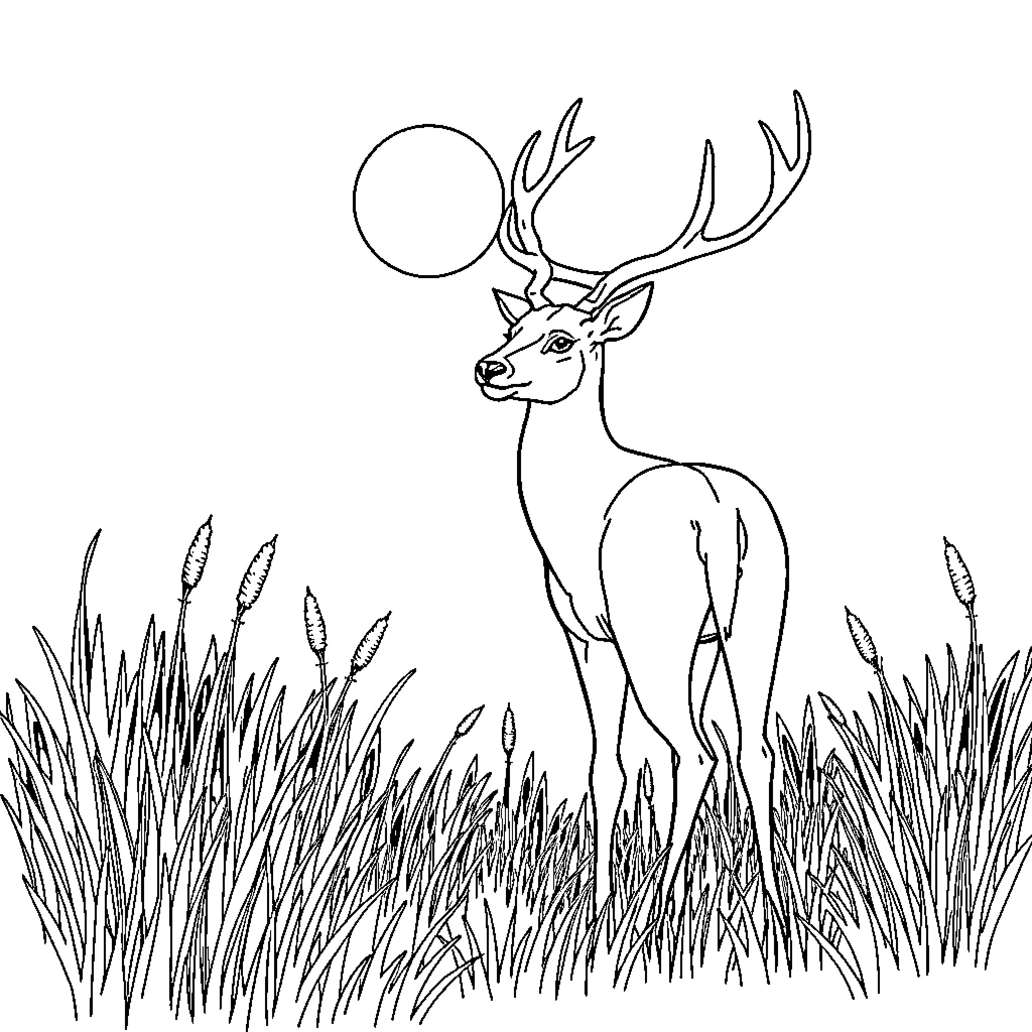 Deer standing in tall grass under the moon Coloring Page (free black-and-white line drawing printable PDF for all, from beginners to advanced learners, including children, teens, adults, and seniors)