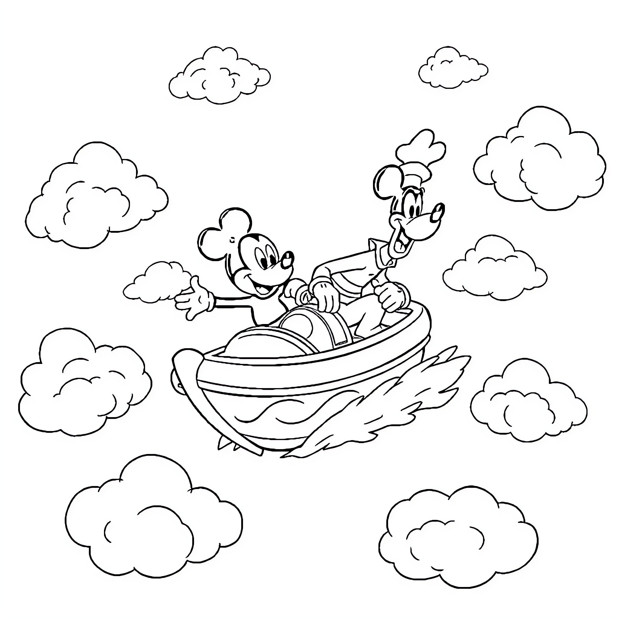 Mickey Mouse flying in a spaceship with friends Coloring Page (free black-and-white line drawing printable PDF for all, from beginners to advanced learners, including children, teens, adults, and seniors)
