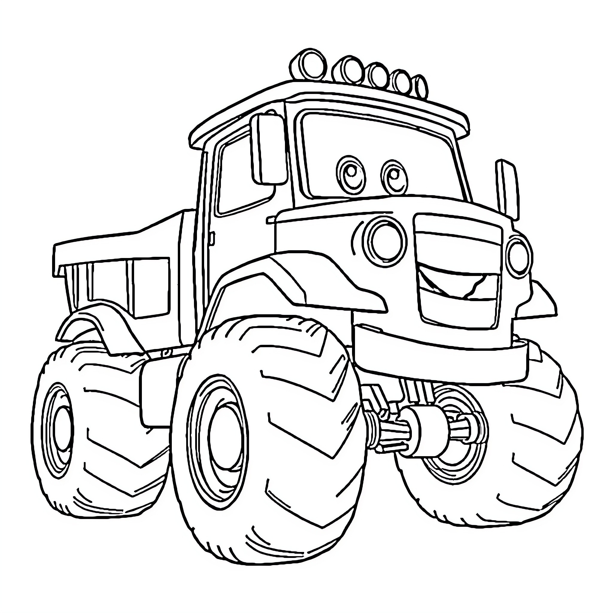Truck with large tires and accessories Coloring Page (free black-and-white line drawing printable PDF for all, from beginners to advanced learners, including children, teens, adults, and seniors)