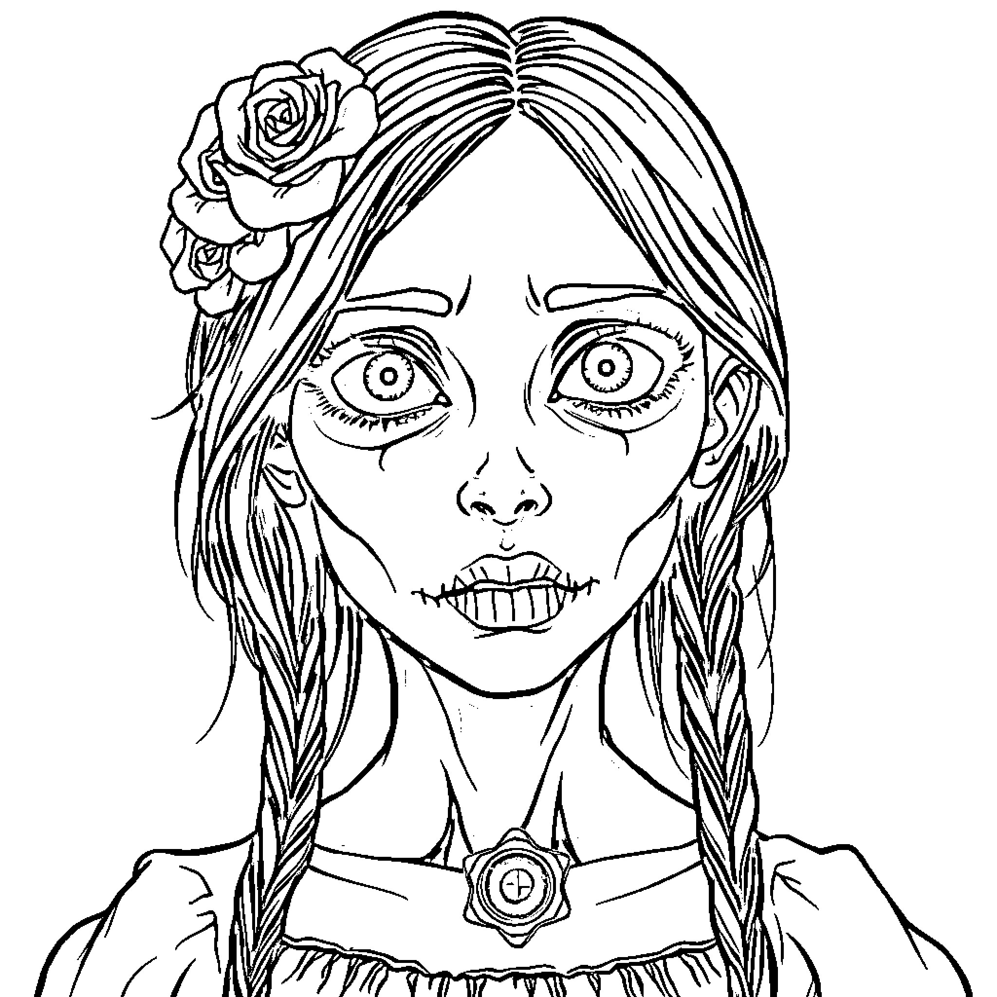 Zombie Girl with Roses and Braids Coloring Page (free black-and-white line drawing printable PDF for all, from beginners to advanced learners, including children, teens, adults, and seniors)