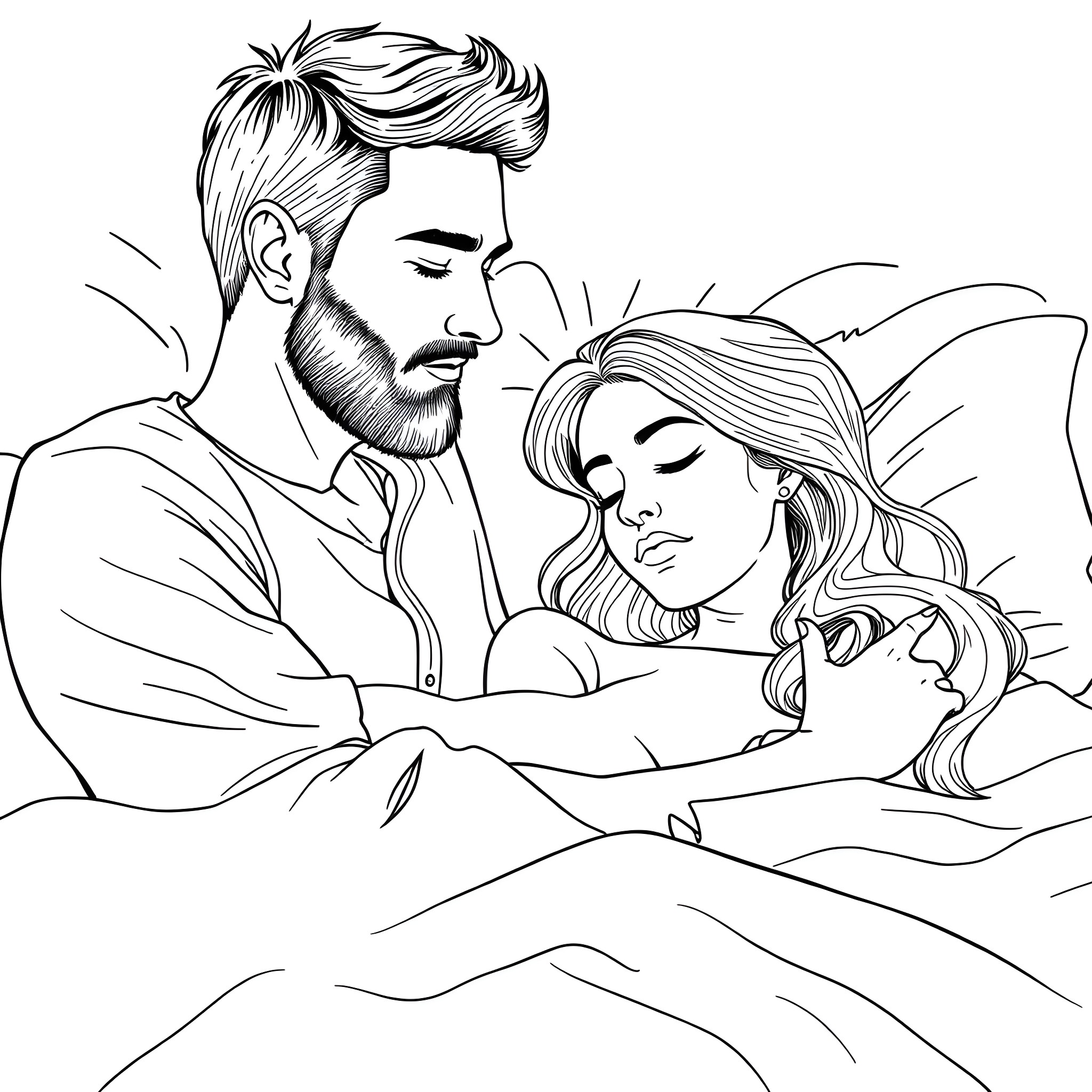 Husband comforting wife in bed Coloring Page (free black-and-white line drawing printable PDF for all, from beginners to advanced learners, including children, teens, adults, and seniors)