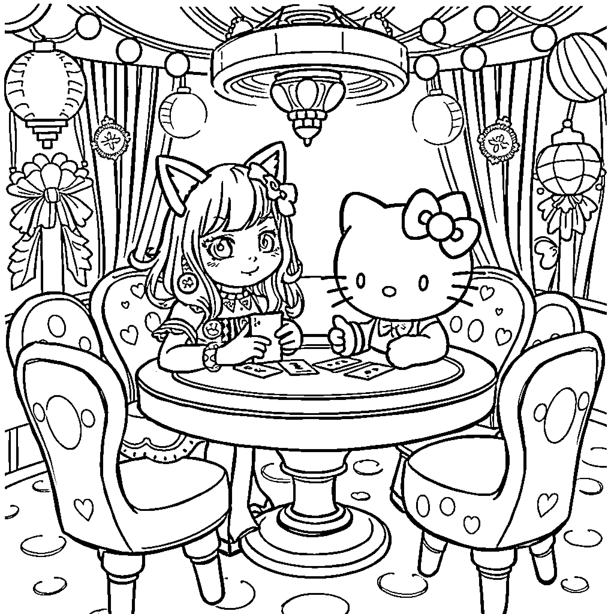 Rumi's Whimsical Tea Party with Hello Kitty Coloring Page (free black-and-white line drawing printable PDF for all, from beginners to advanced learners, including children, teens, adults, and seniors)