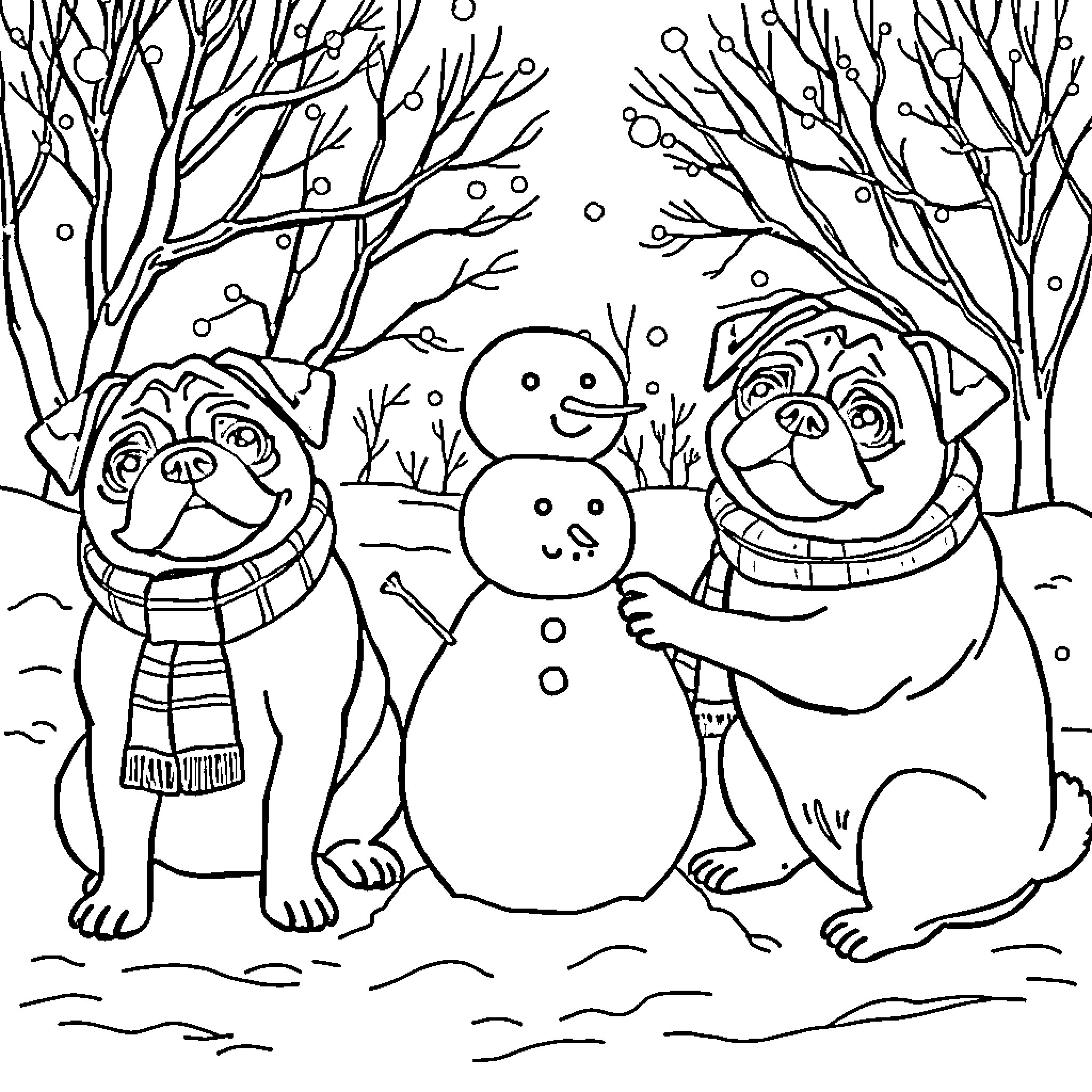 Pug Dogs Building Snowman in Winter Landscape Coloring Page (free black-and-white line drawing printable PDF for all, from beginners to advanced learners, including children, teens, adults, and seniors)