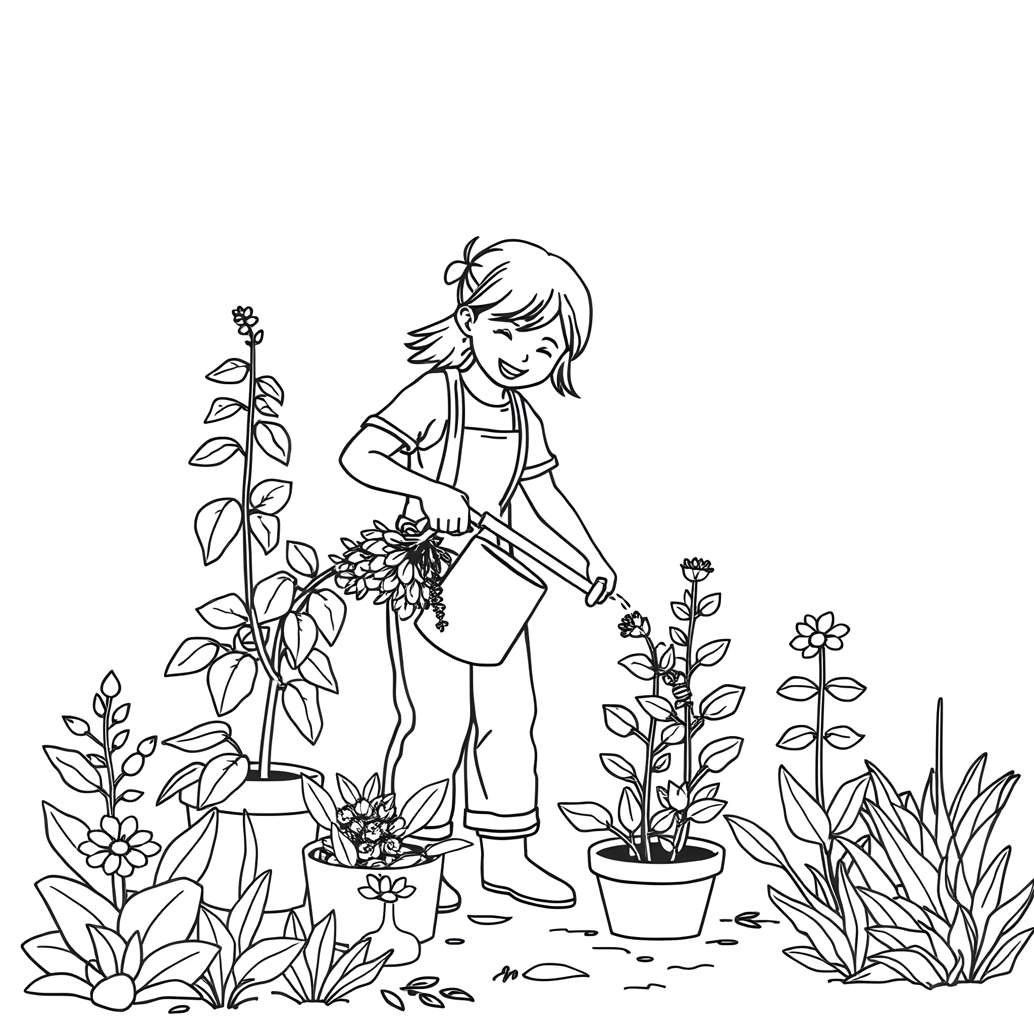 Person gardening and tending to plants Coloring Page (free black-and-white line drawing printable PDF for all, from beginners to advanced learners, including children, teens, adults, and seniors)