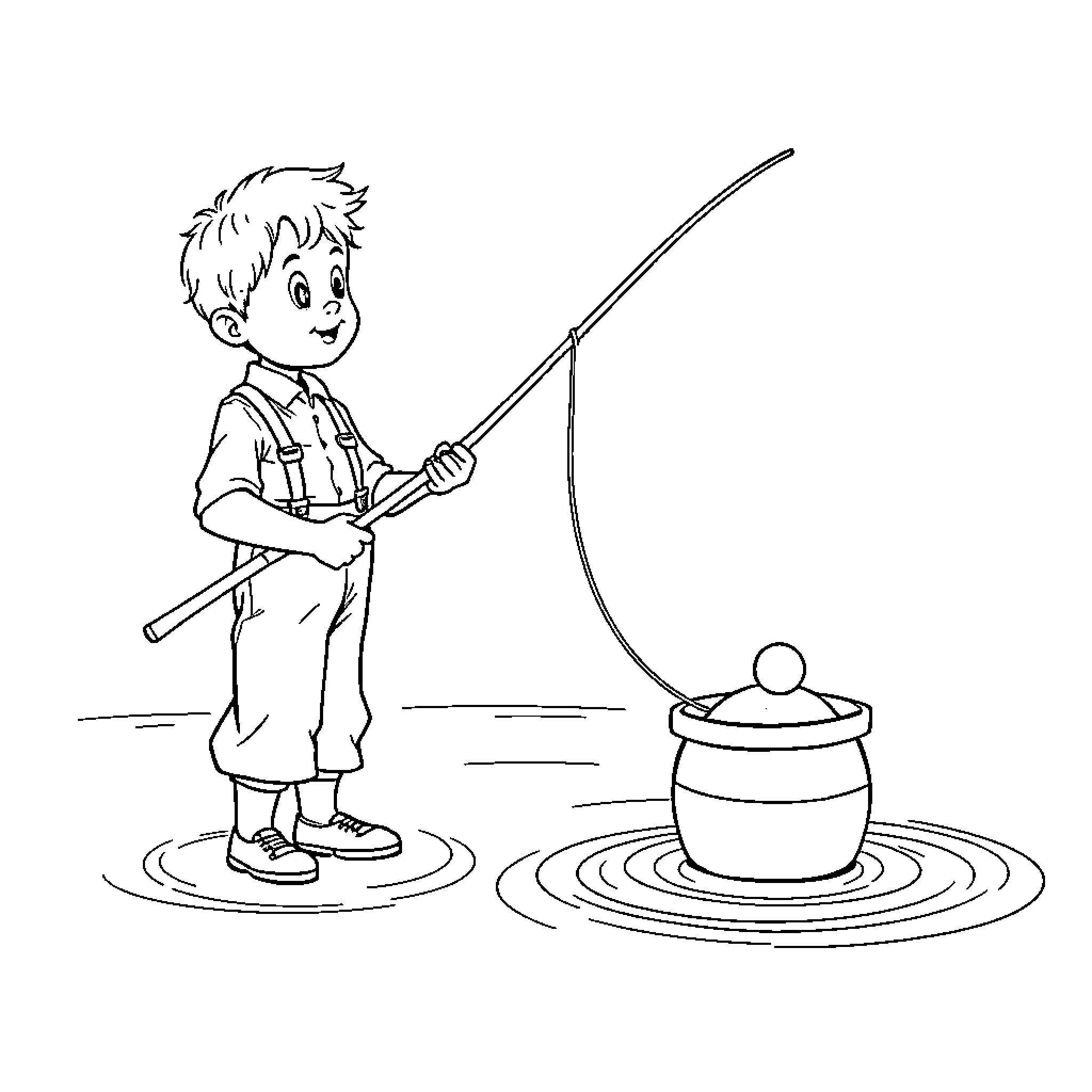 Boy fishing in the pond with a pot Coloring Page (free black-and-white line drawing printable PDF for all, from beginners to advanced learners, including children, teens, adults, and seniors)