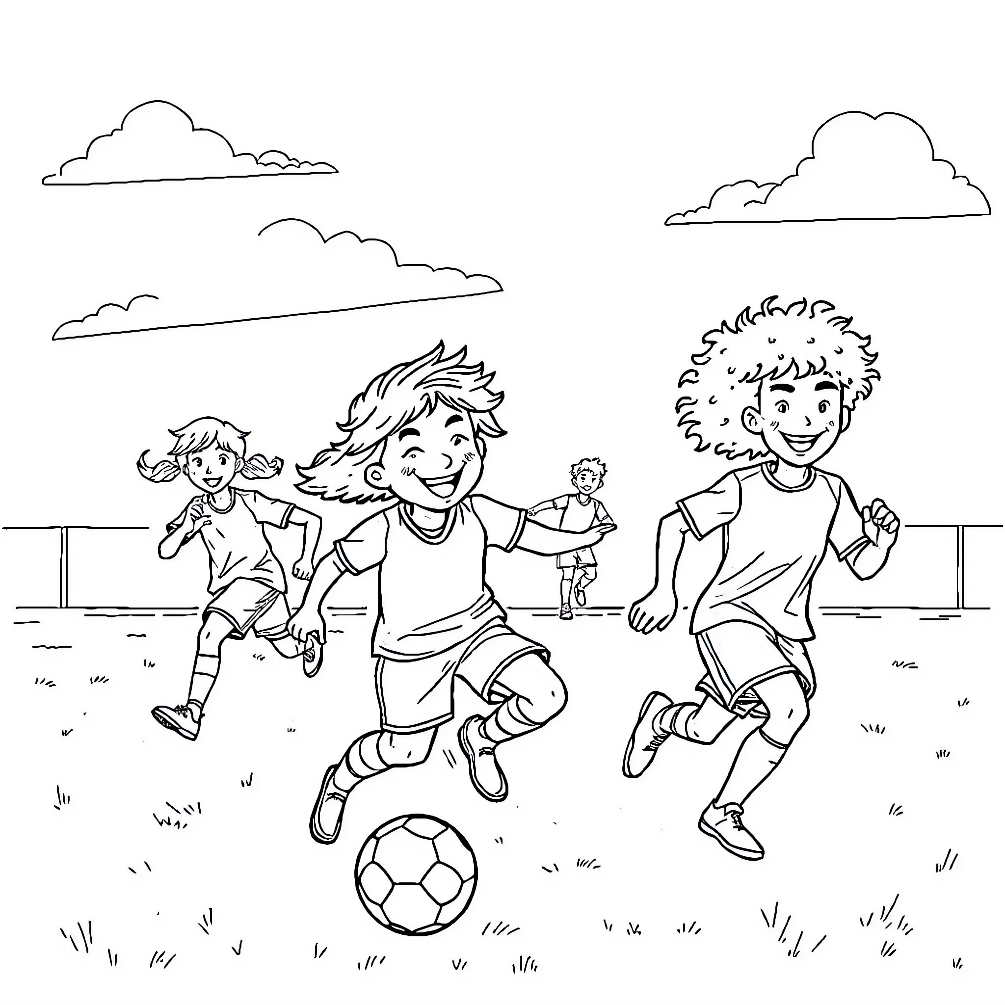 Kids playing soccer joyfully outdoors Coloring Page (free black-and-white line drawing printable PDF for all, from beginners to advanced learners, including children, teens, adults, and seniors)