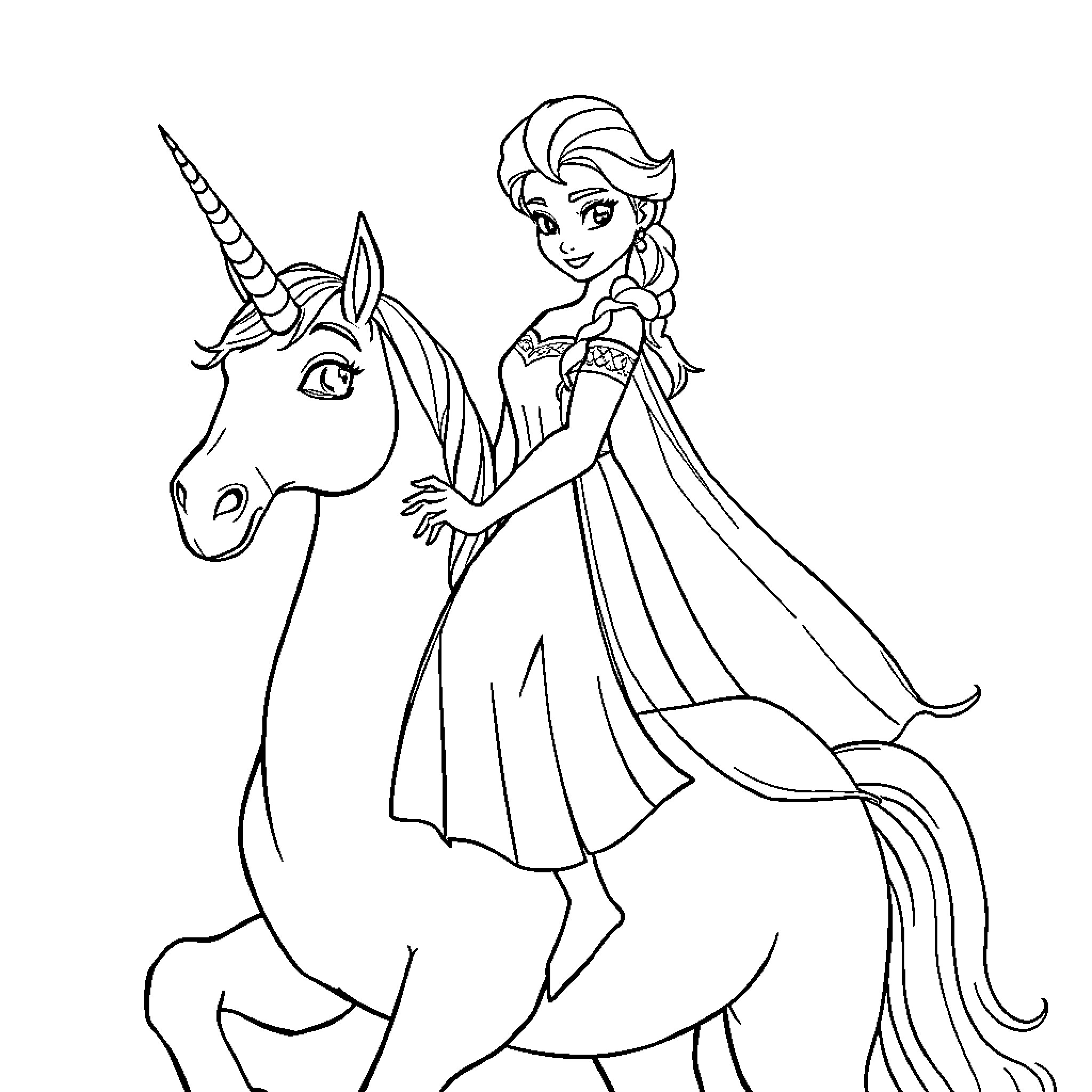 Elsa riding a unicorn with a flowing gown Coloring Page (free black-and-white line drawing printable PDF for all, from beginners to advanced learners, including children, teens, adults, and seniors)