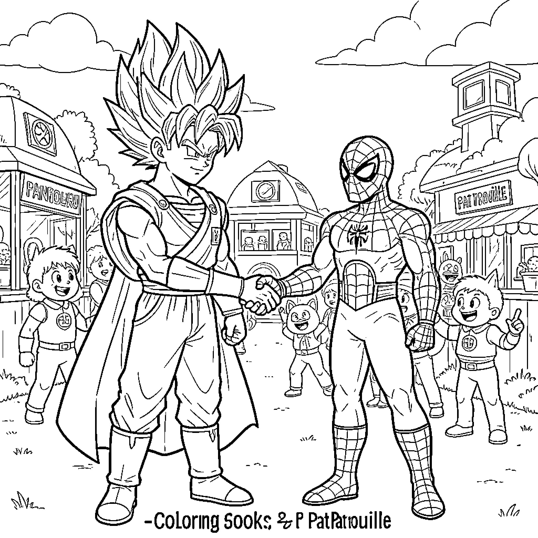 Sangoku shaking hands with Spider-Man in a town Coloring Page (free black-and-white line drawing printable PDF for all, from beginners to advanced learners, including children, teens, adults, and seniors)