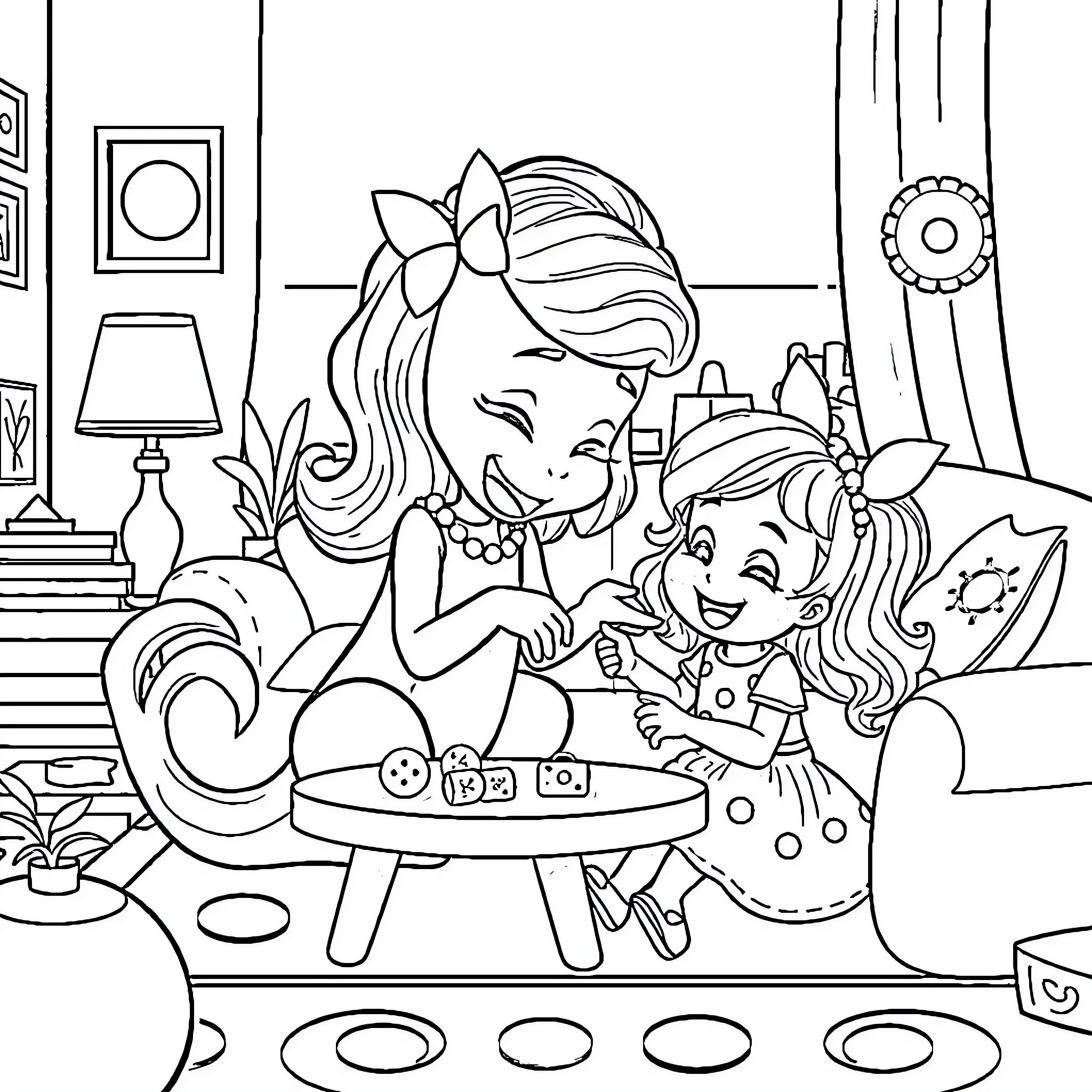 Bluey and Bingo having a playful tea party Coloring Page (free black-and-white line drawing printable PDF for all, from beginners to advanced learners, including children, teens, adults, and seniors)
