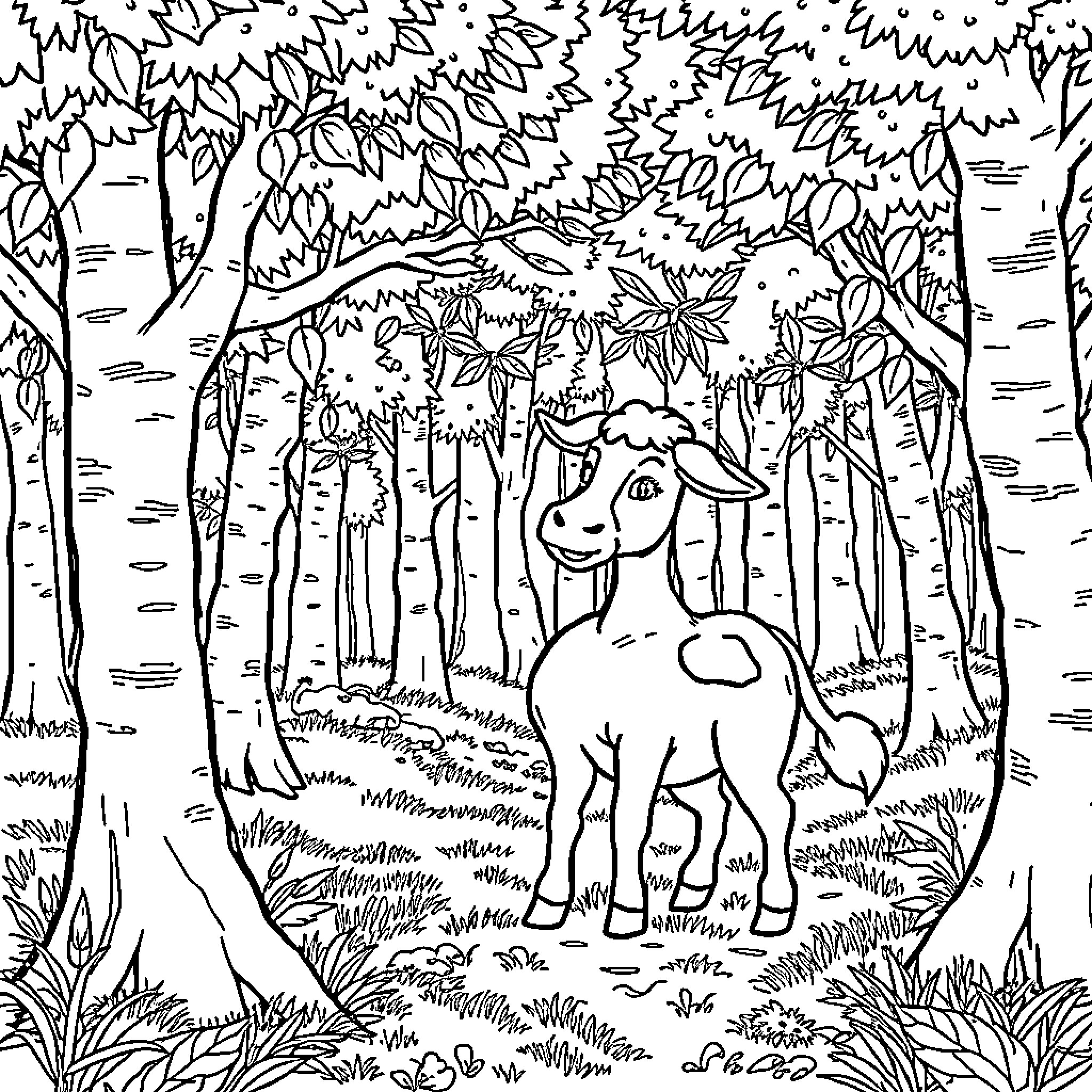 Dog exploring the enchanted forest Coloring Page (free black-and-white line drawing printable PDF for all, from beginners to advanced learners, including children, teens, adults, and seniors)