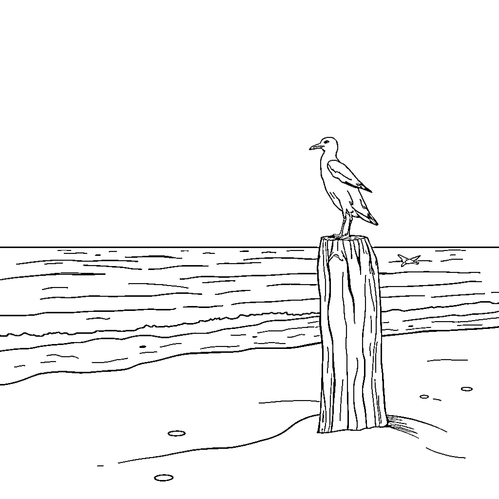 Seagull perched on weathered wooden post by the sea Coloring Page (free black-and-white line drawing printable PDF for all, from beginners to advanced learners, including children, teens, adults, and seniors)
