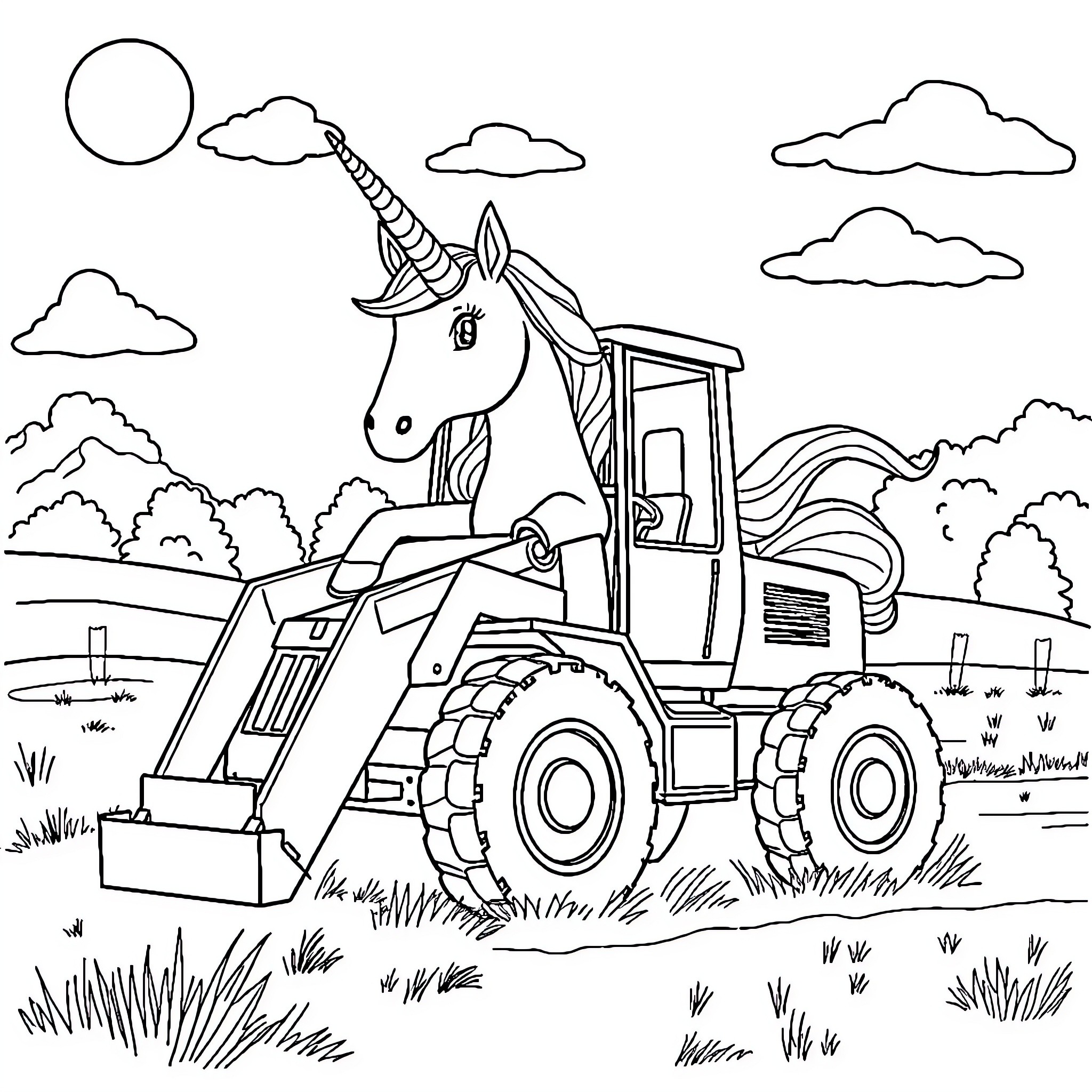 Unicorn operating heavy machinery in the countryside Coloring Page (free black-and-white line drawing printable PDF for all, from beginners to advanced learners, including children, teens, adults, and seniors)