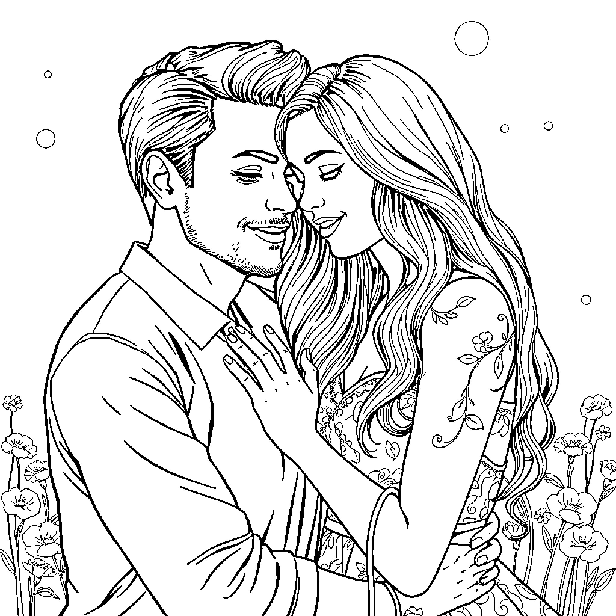 Girl and young man in affectionate embrace Coloring Page (free black-and-white line drawing printable PDF for all, from beginners to advanced learners, including children, teens, adults, and seniors)