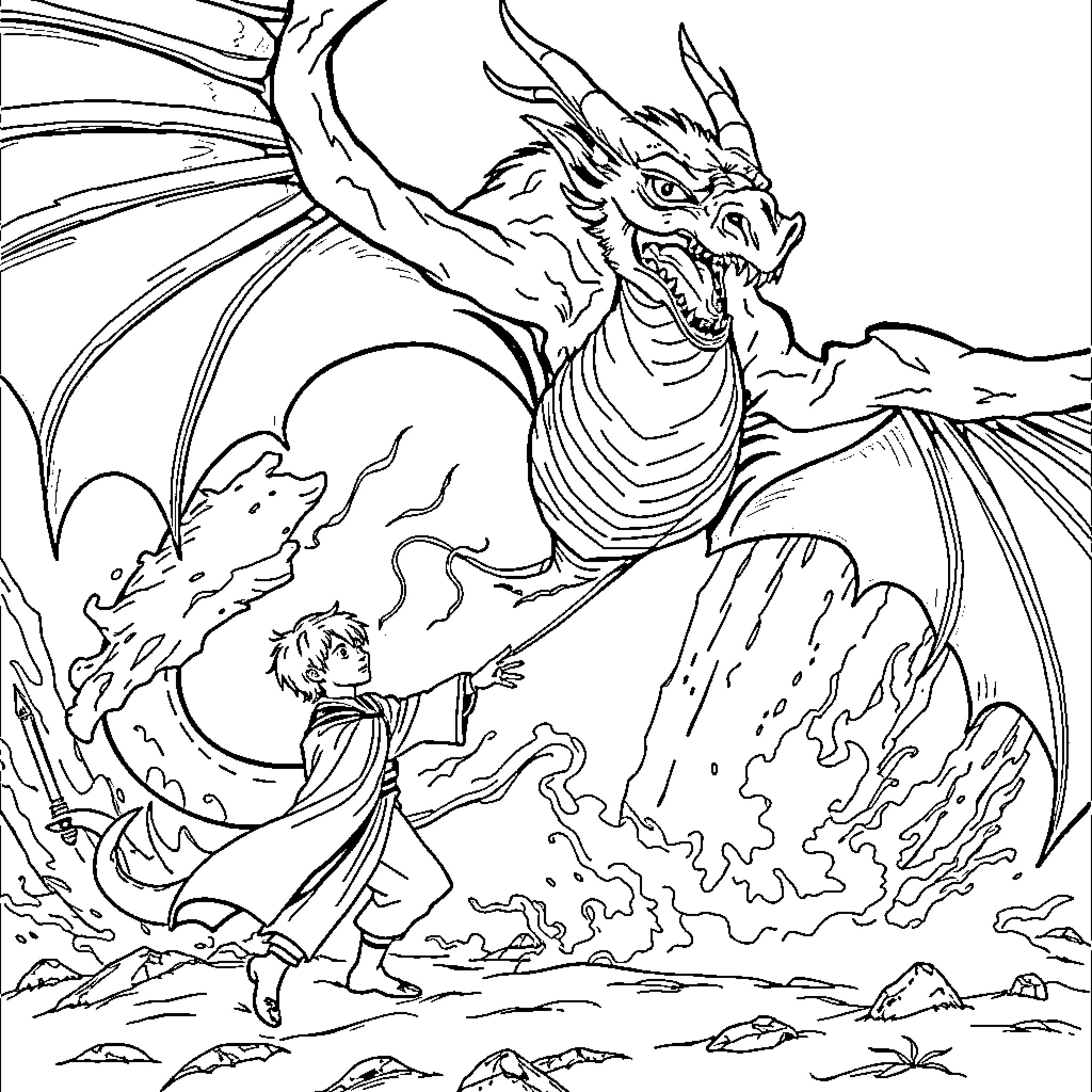 Horntail Dragon Unleashing Powerful Flames Coloring Page (free black-and-white line drawing printable PDF for all, from beginners to advanced learners, including children, teens, adults, and seniors)