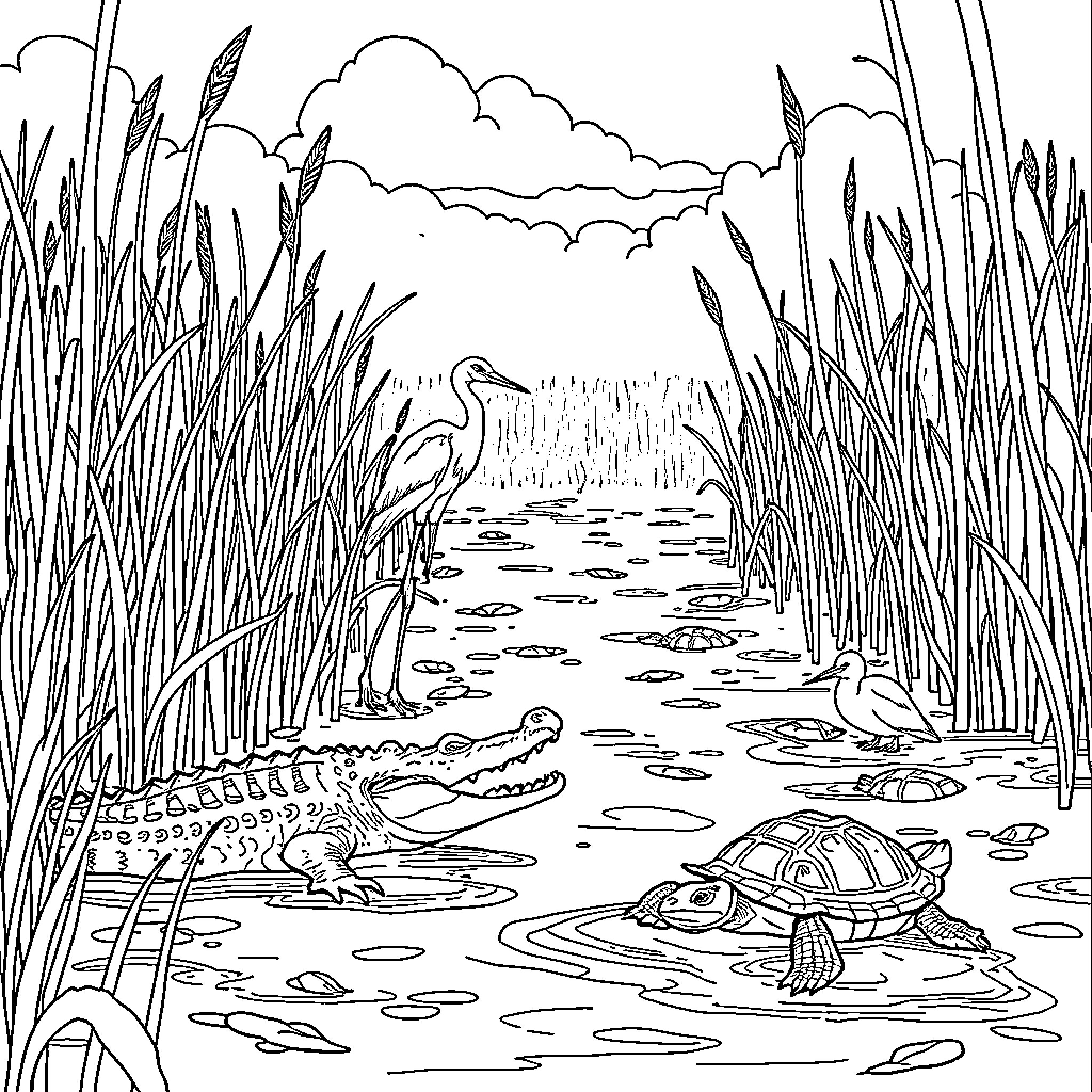 Animal Inhabitants of the Wetland Ecosystem Coloring Page (free black-and-white line drawing printable PDF for all, from beginners to advanced learners, including children, teens, adults, and seniors)