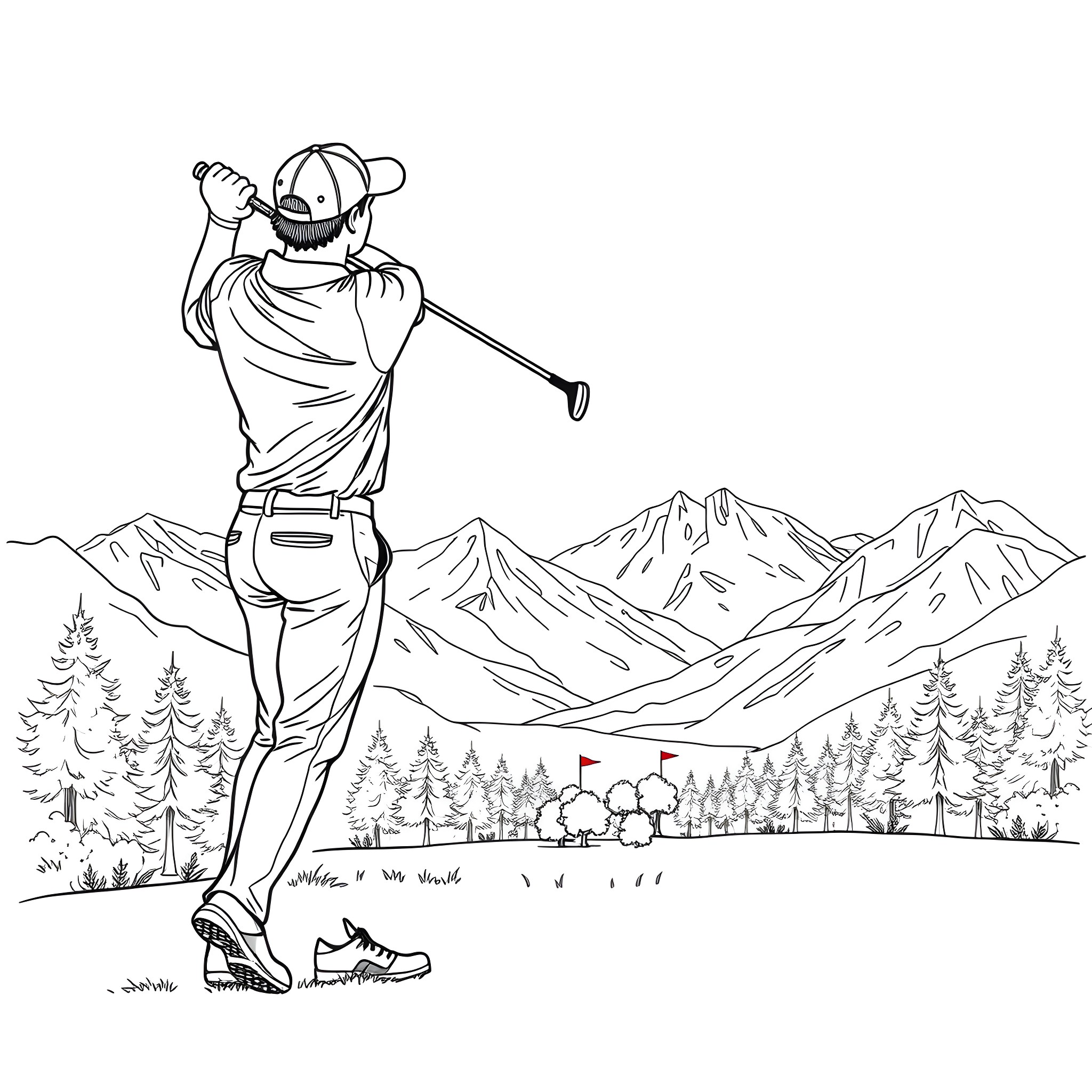 Golfer swinging in the mountain landscape Coloring Page (free black-and-white line drawing printable PDF for all, from beginners to advanced learners, including children, teens, adults, and seniors)
