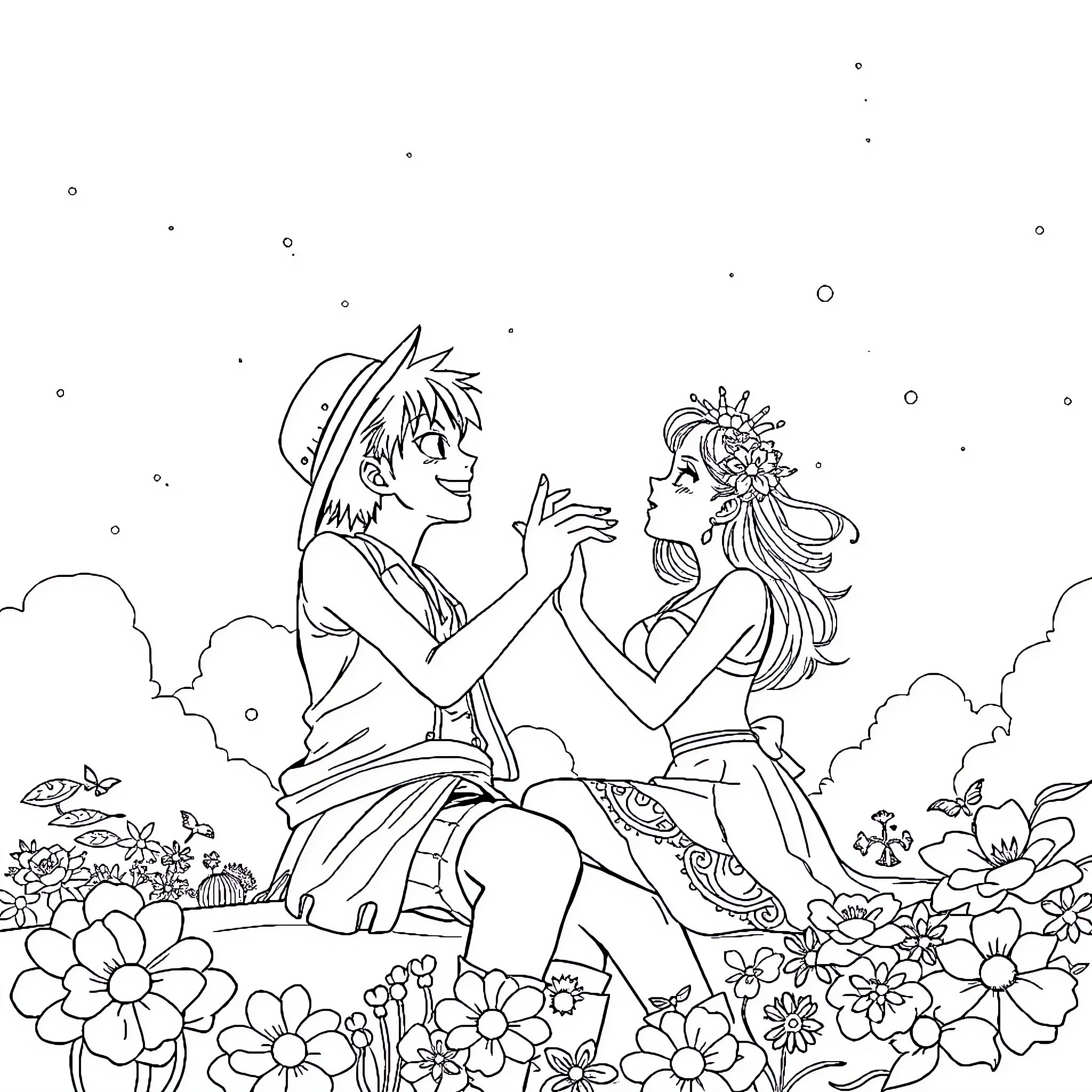Luffy embracing a flower-crowned princess in a whimsical garden Coloring Page (free black-and-white line drawing printable PDF for all, from beginners to advanced learners, including children, teens, adults, and seniors)
