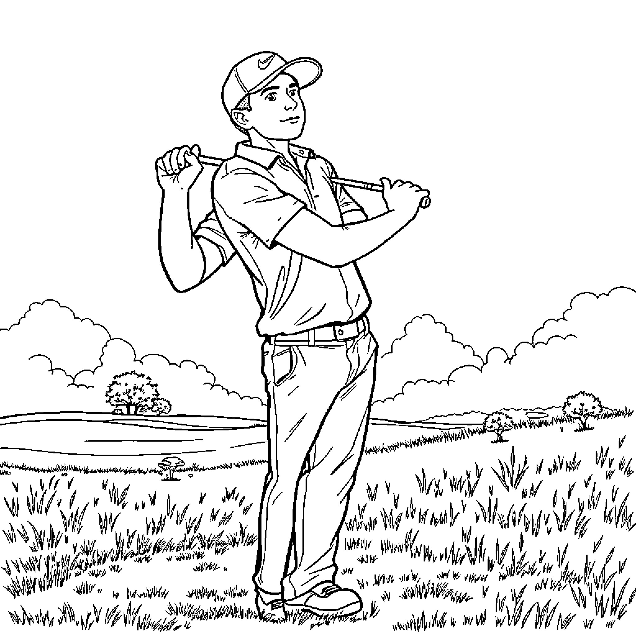 Scottie Scheffler golfing in scenic outdoor setting Coloring Page (free black-and-white line drawing printable PDF for all, from beginners to advanced learners, including children, teens, adults, and seniors)