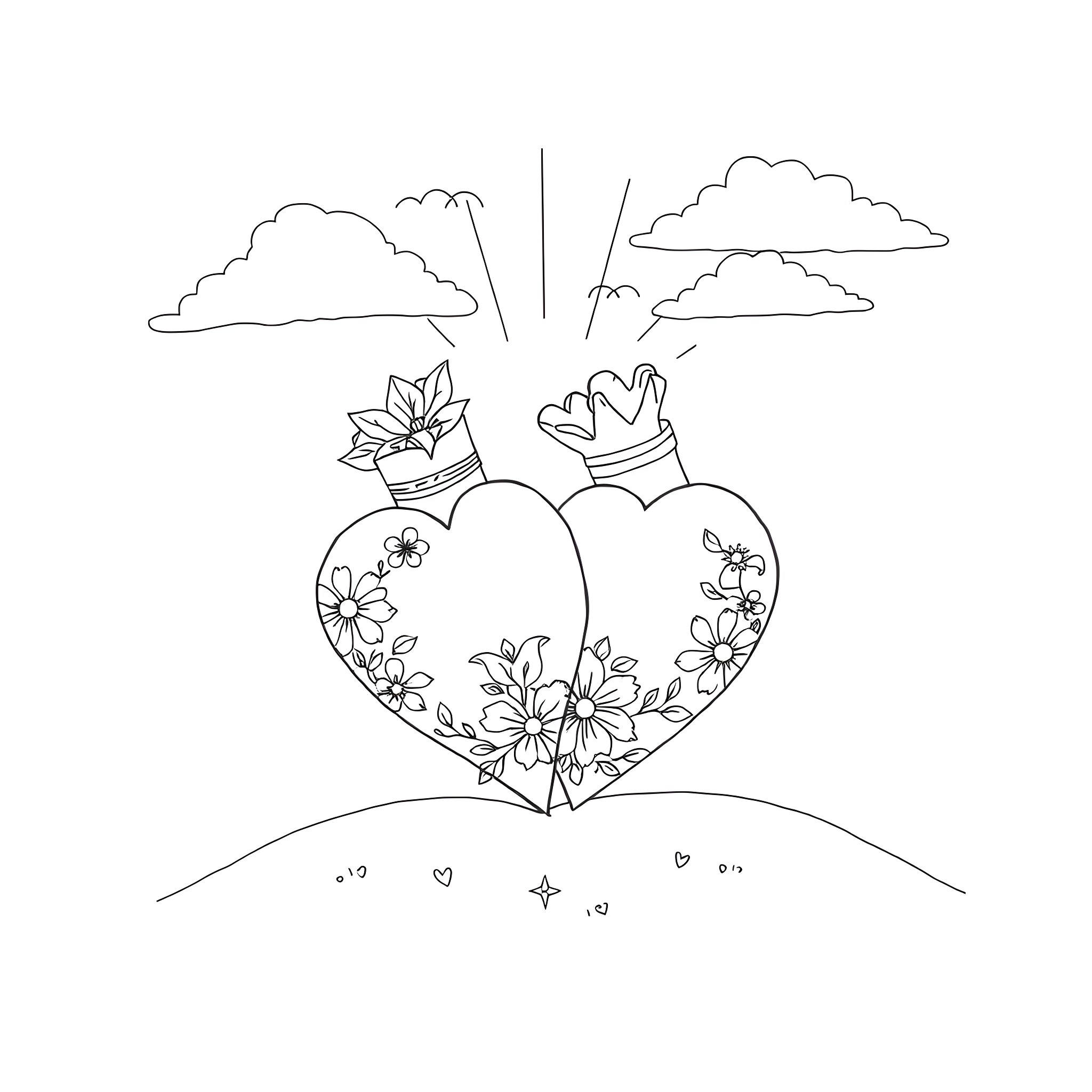Love hearts united in a floral embrace Coloring Page (free black-and-white line drawing printable PDF for all, from beginners to advanced learners, including children, teens, adults, and seniors)