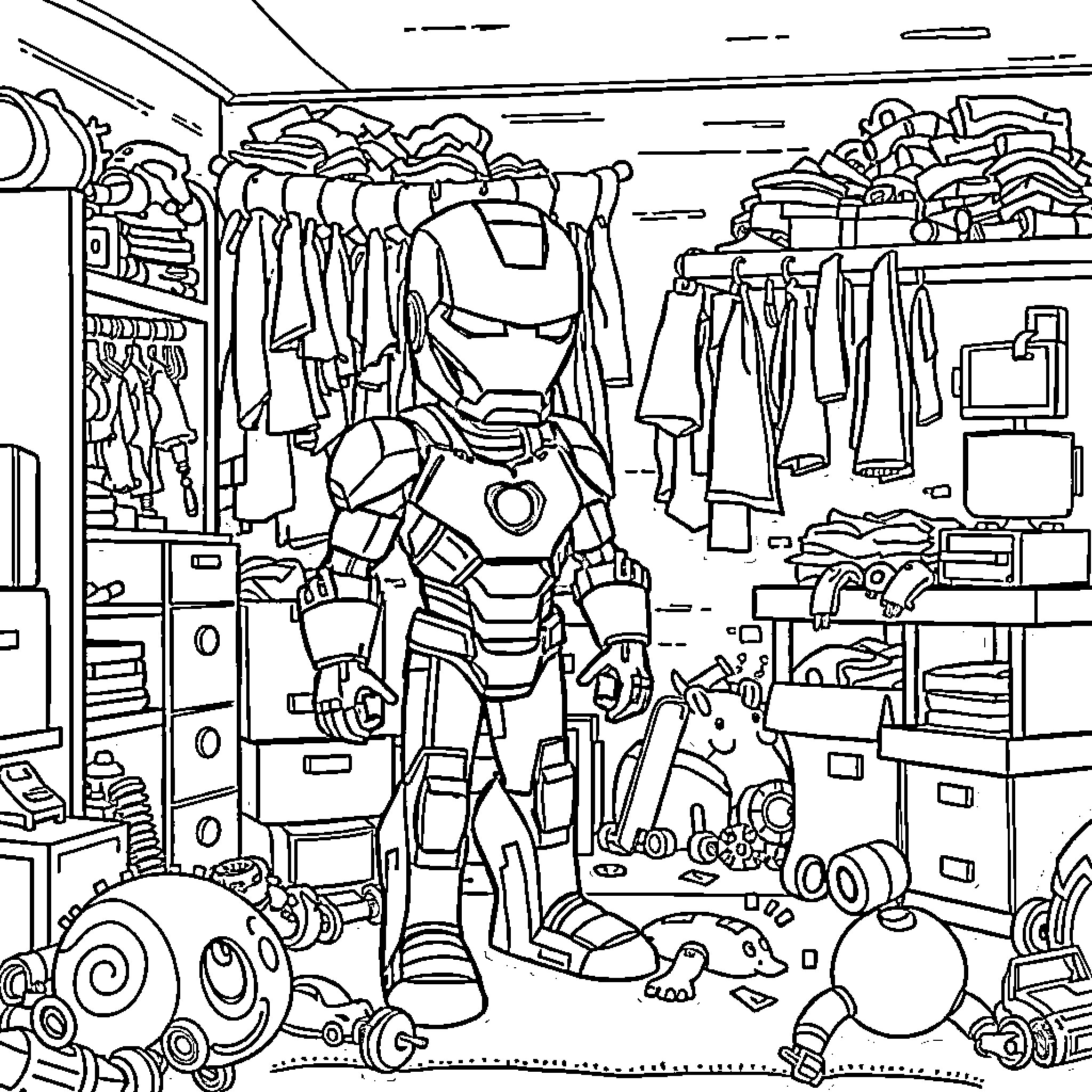 Ironman's Messy Workspace: Tools, Gadgets, and Clutter Coloring Page (free black-and-white line drawing printable PDF for all, from beginners to advanced learners, including children, teens, adults, and seniors)