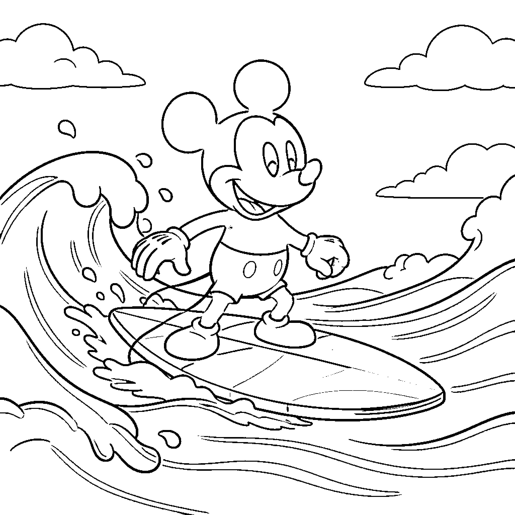 Mickey surfing waves joyfully in the ocean Coloring Page (free black-and-white line drawing printable PDF for all, from beginners to advanced learners, including children, teens, adults, and seniors)