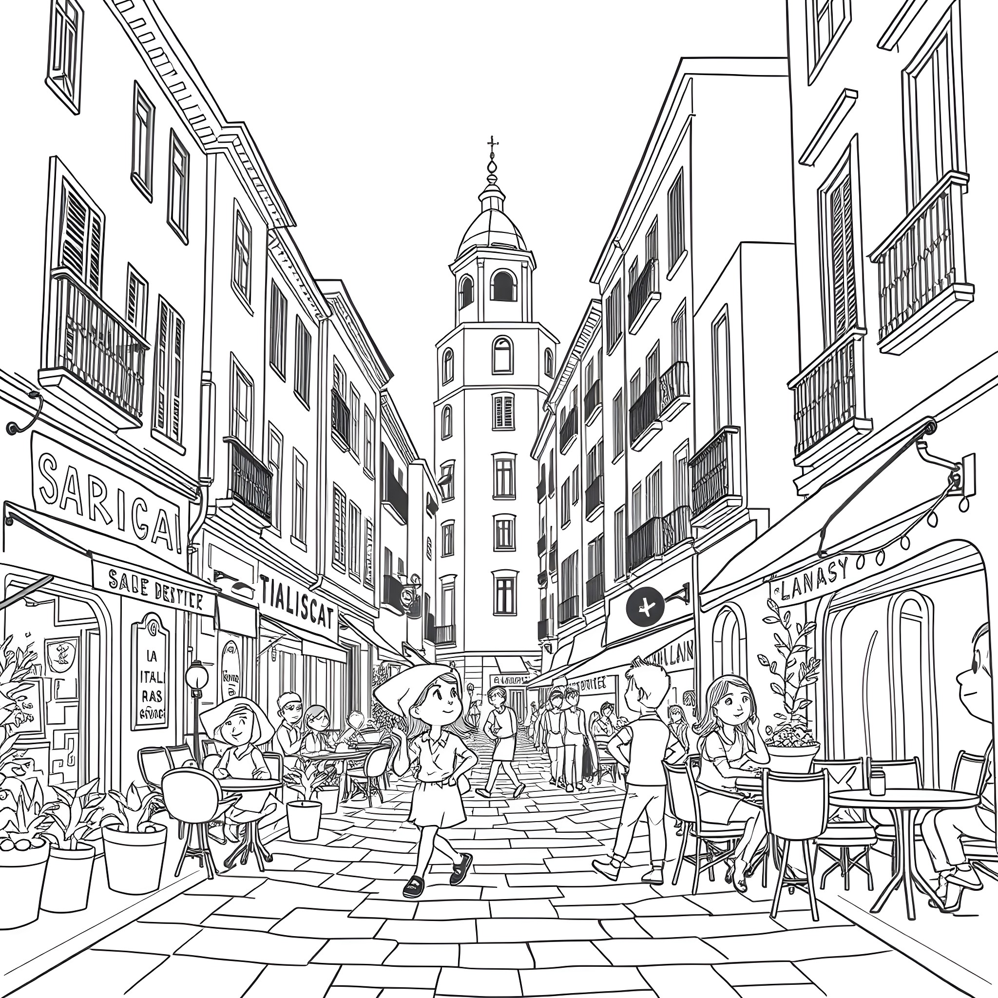 Brainrot: Chaotic street scene with bustling activity Coloring Page (free black-and-white line drawing printable PDF for all, from beginners to advanced learners, including children, teens, adults, and seniors)
