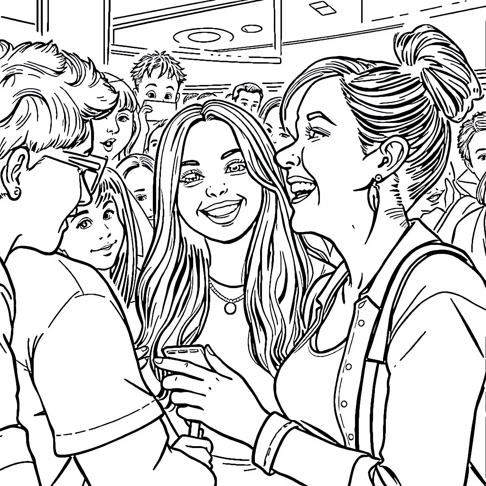 Kia Cenat Captured in a Lively Group Scene Coloring Page (free black-and-white line drawing printable PDF for all, from beginners to advanced learners, including children, teens, adults, and seniors)
