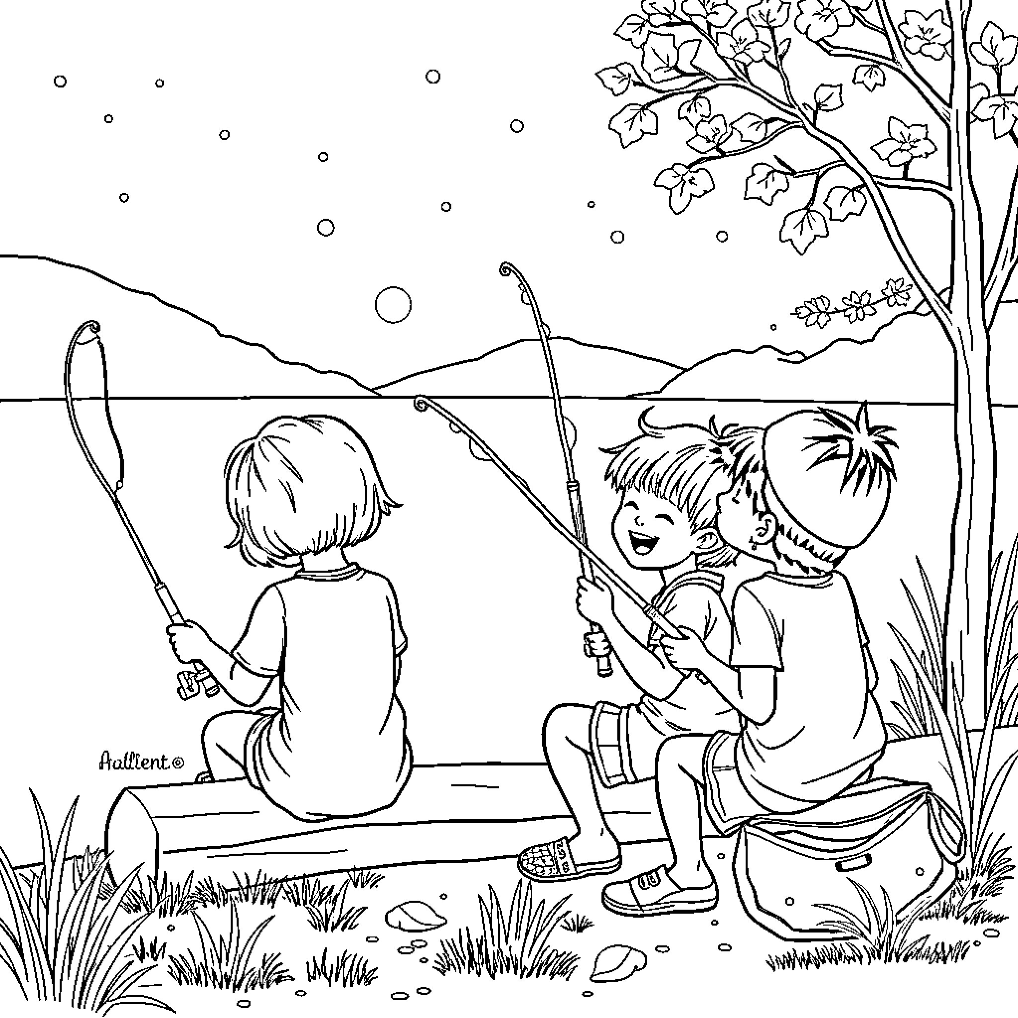 Kid Fishing with Friends in the Outdoors Coloring Page (free black-and-white line drawing printable PDF for all, from beginners to advanced learners, including children, teens, adults, and seniors)