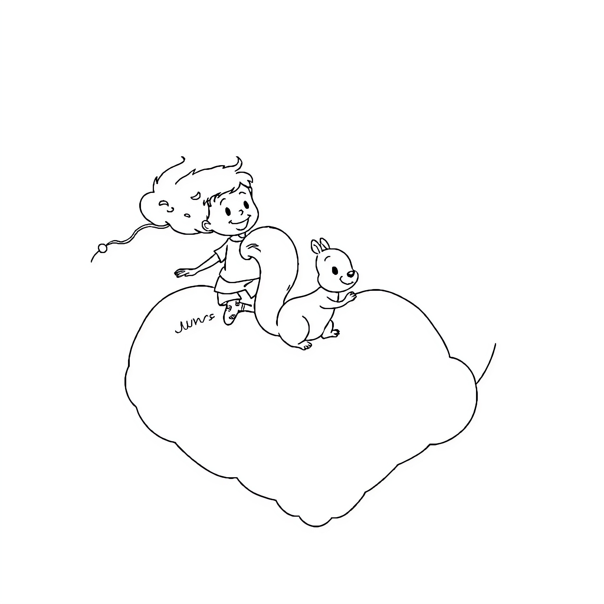 Kid playing with cartoon squirrel on cloud Coloring Page (free black-and-white line drawing printable PDF for all, from beginners to advanced learners, including children, teens, adults, and seniors)