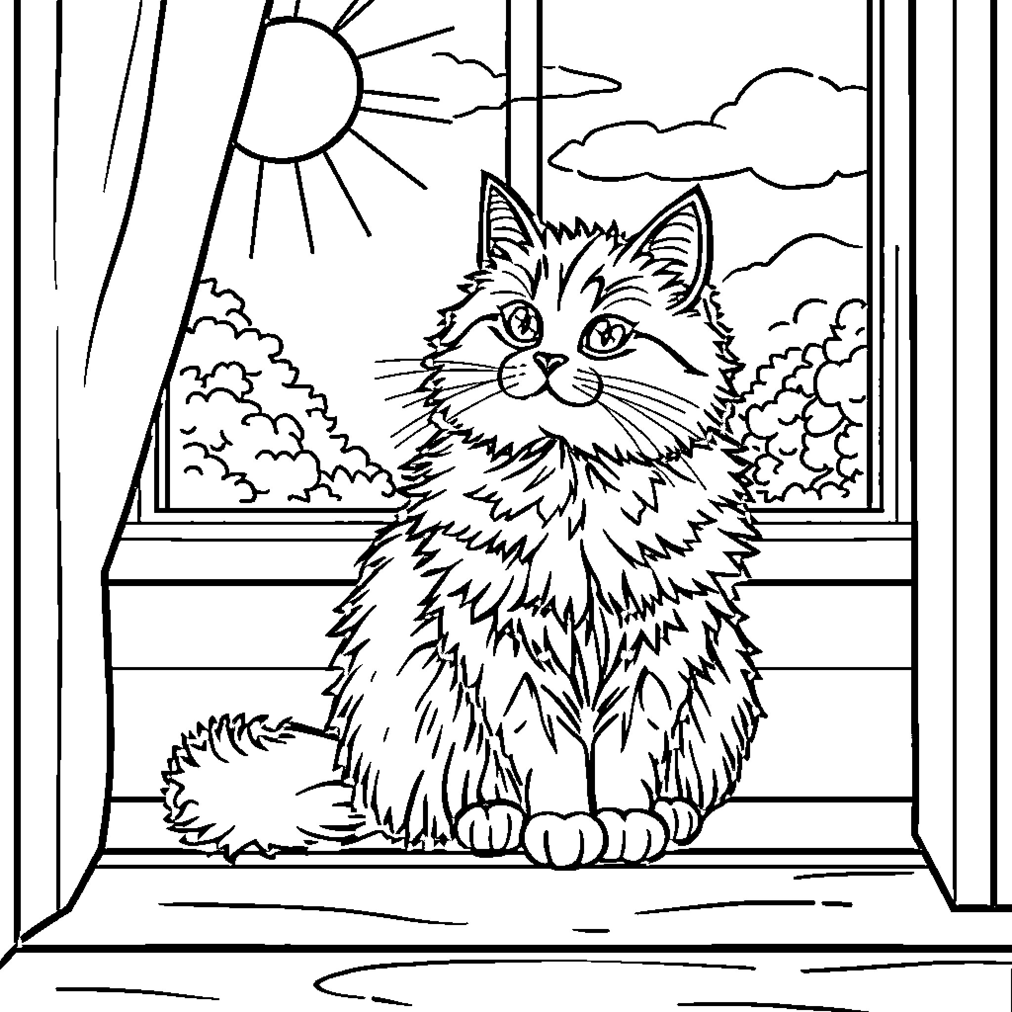 Cat sitting in window viewing outdoor scene Coloring Page (free black-and-white line drawing printable PDF for all, from beginners to advanced learners, including children, teens, adults, and seniors)