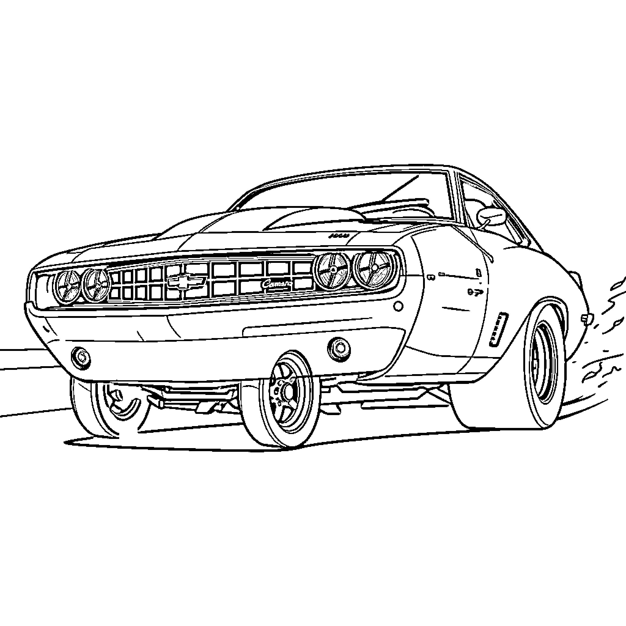 Camaro speeding down the road Coloring Page (free black-and-white line drawing printable PDF for all, from beginners to advanced learners, including children, teens, adults, and seniors)