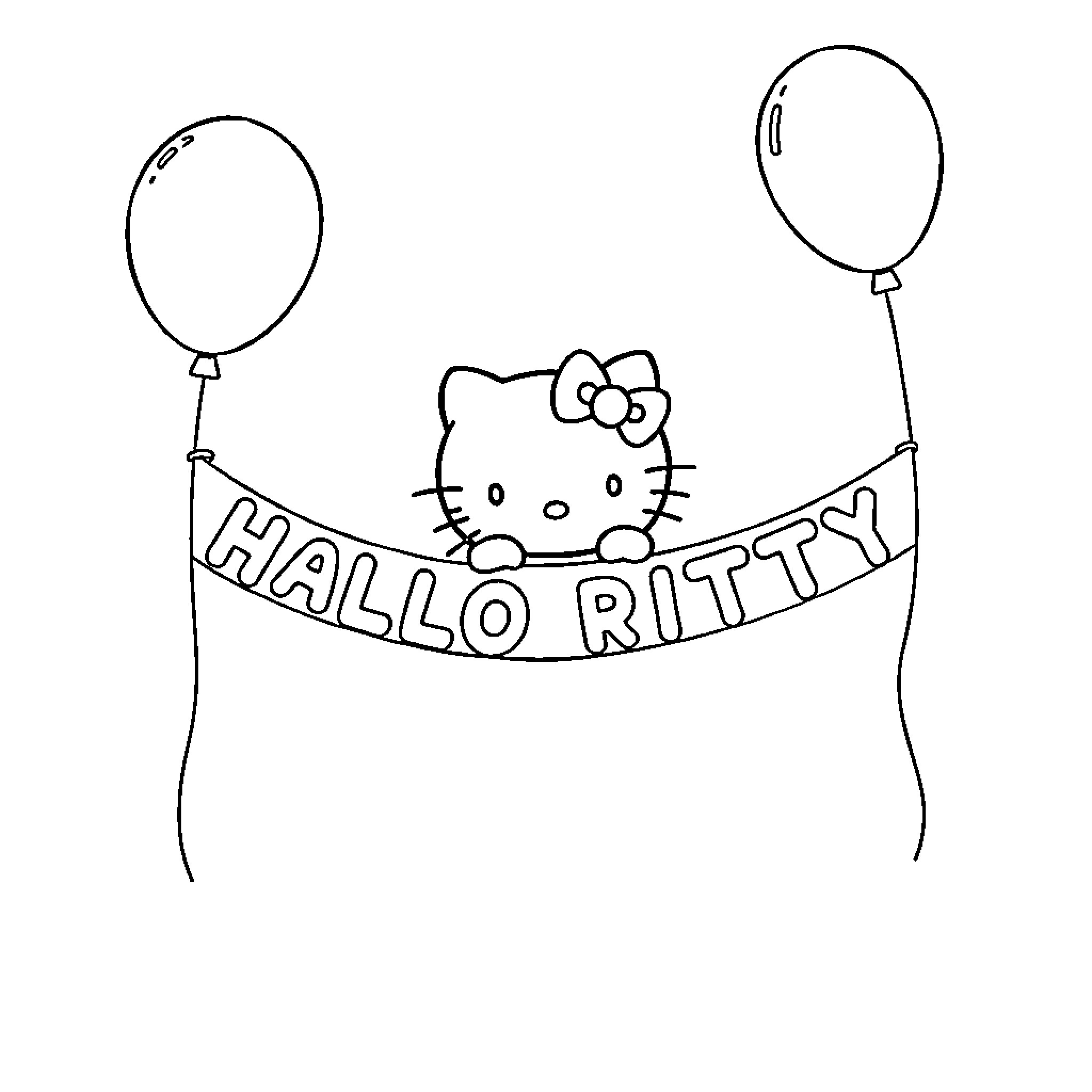 Hello Kitty celebrates Hallo Ritty with balloons Coloring Page (free black-and-white line drawing printable PDF for all, from beginners to advanced learners, including children, teens, adults, and seniors)
