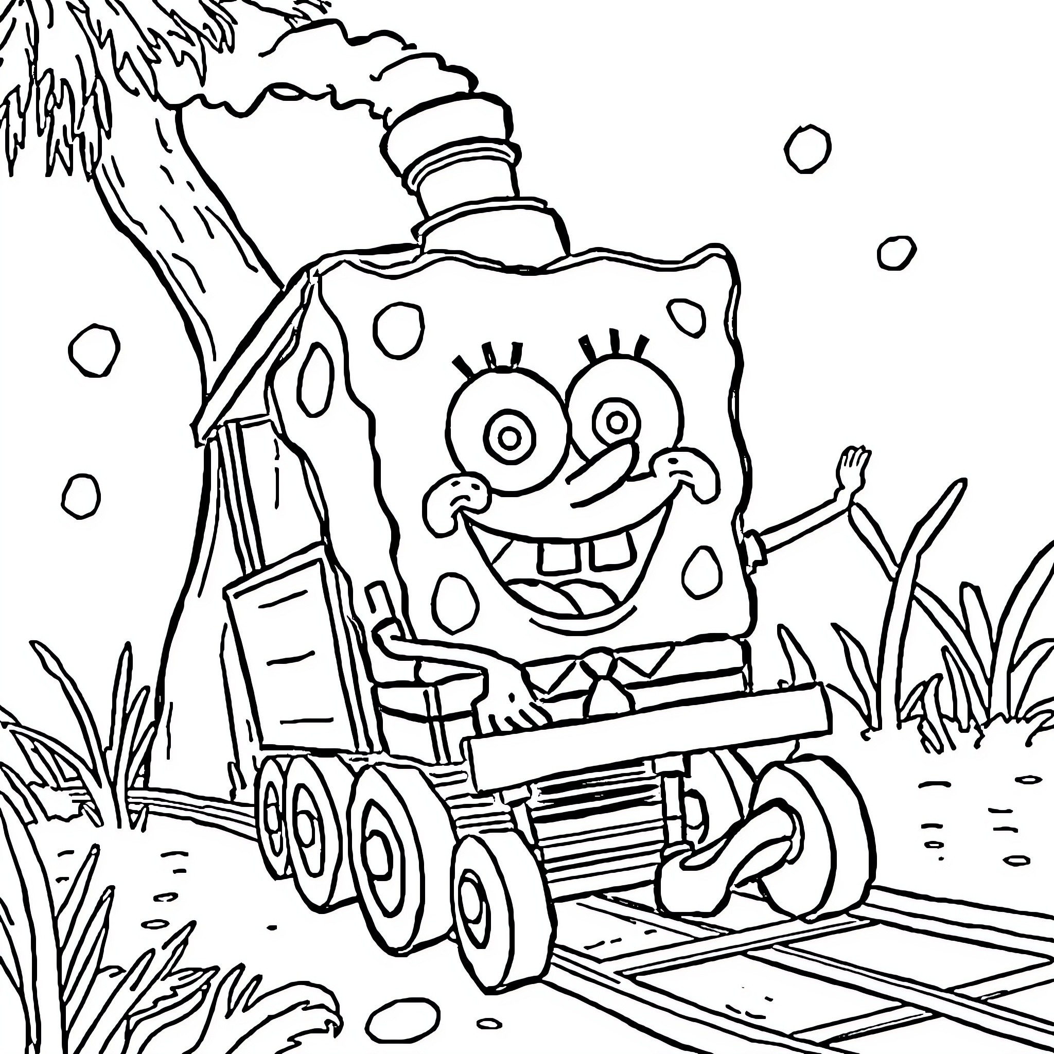 Spongebob driving a train through the forest Coloring Page (free black-and-white line drawing printable PDF for all, from beginners to advanced learners, including children, teens, adults, and seniors)