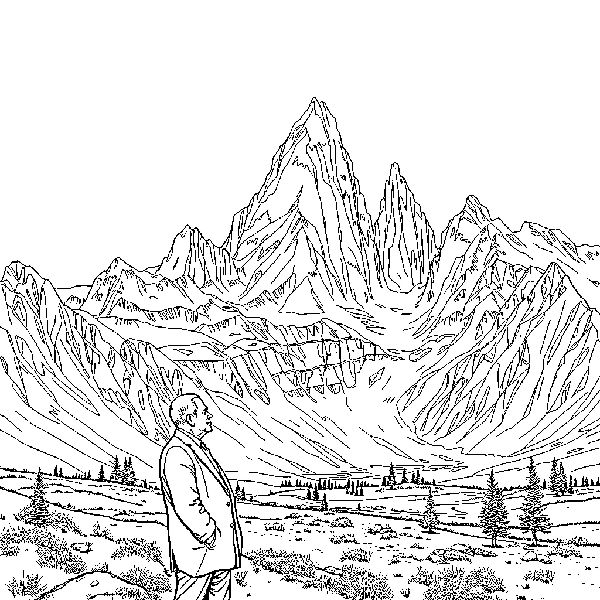 Presidente admiring the majestic mountain peaks Coloring Page (free black-and-white line drawing printable PDF for all, from beginners to advanced learners, including children, teens, adults, and seniors)