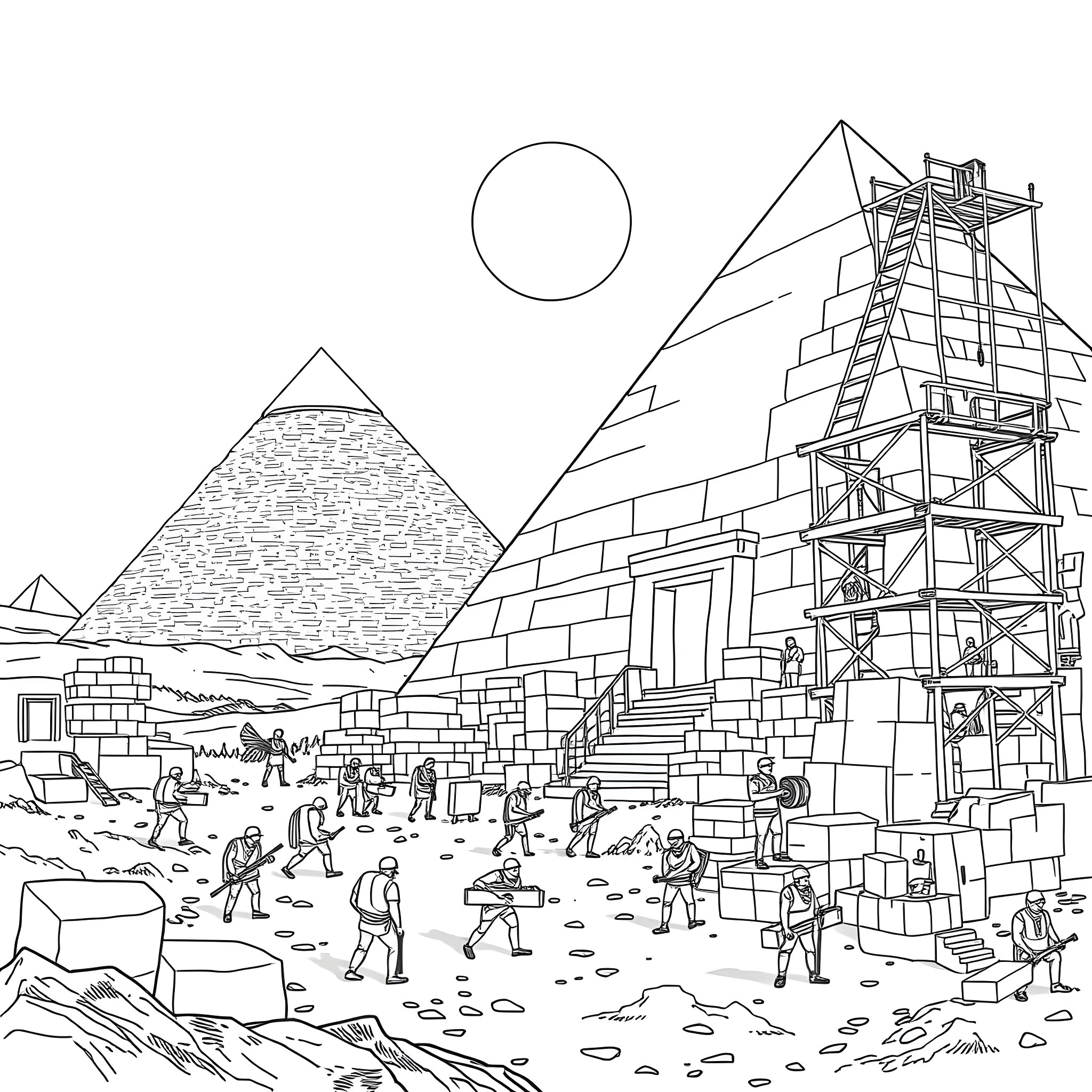 Pyramid construction site with workers and machinery Coloring Page (free black-and-white line drawing printable PDF for all, from beginners to advanced learners, including children, teens, adults, and seniors)