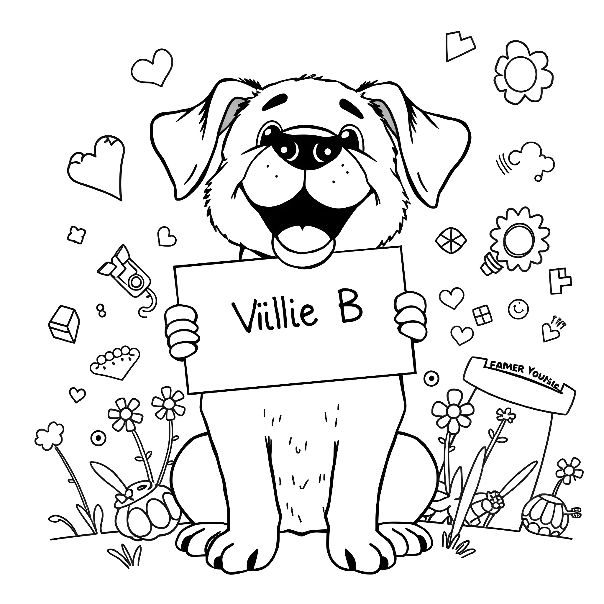 Dog holding sign with name 'Villie B' surrounded by flowers Coloring Page (free black-and-white line drawing printable PDF for all, from beginners to advanced learners, including children, teens, adults, and seniors)