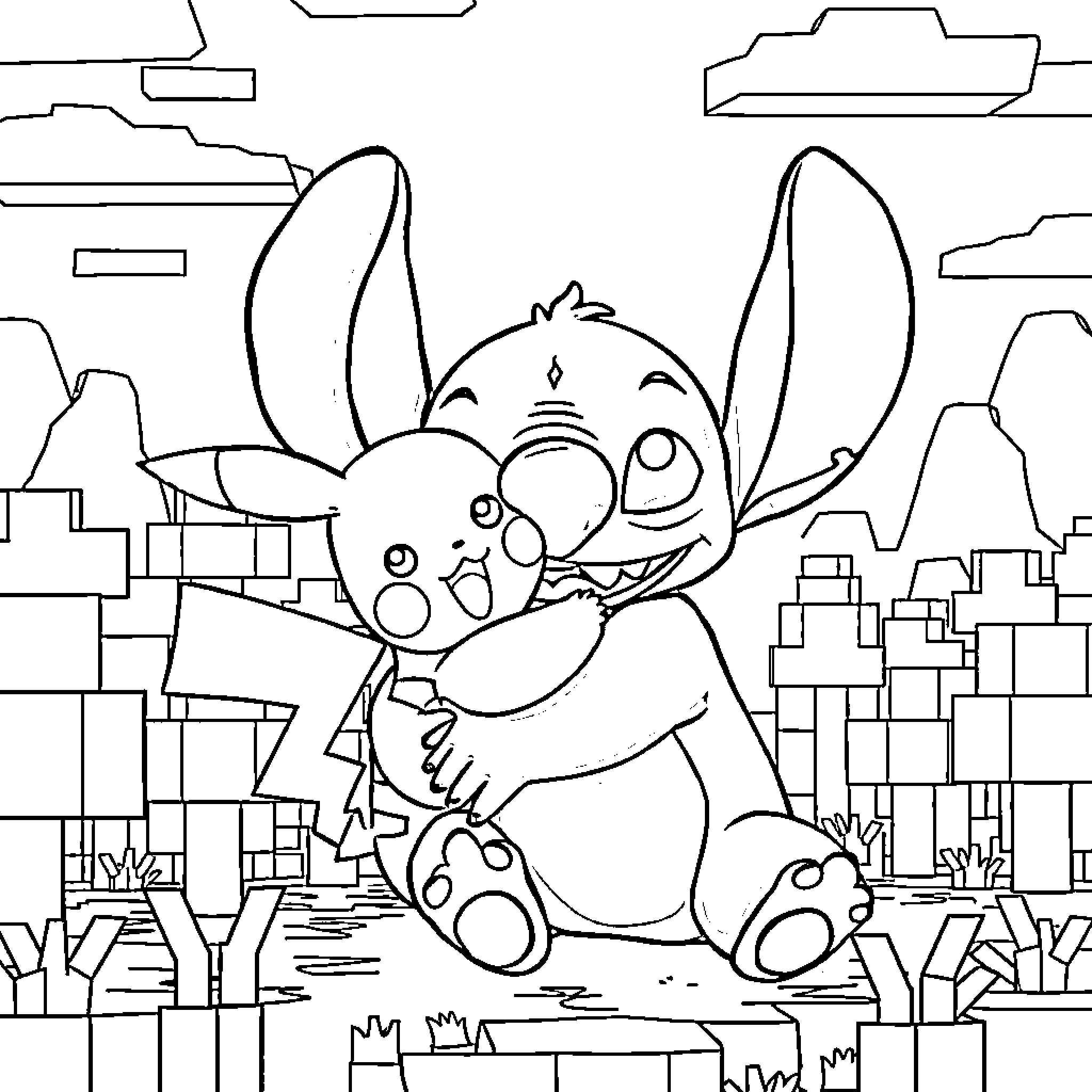 Stitch in a City Scene Coloring Page (free black-and-white line drawing printable PDF for all, from beginners to advanced learners, including children, teens, adults, and seniors)