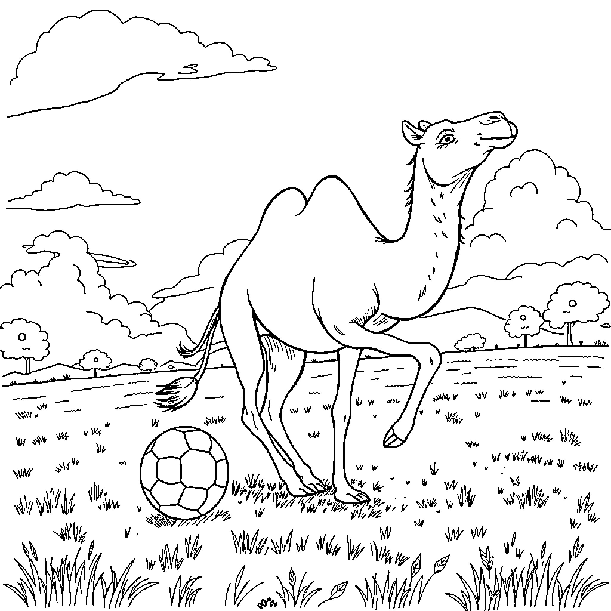 Camel playing with soccer ball in the desert Coloring Page (free black-and-white line drawing printable PDF for all, from beginners to advanced learners, including children, teens, adults, and seniors)