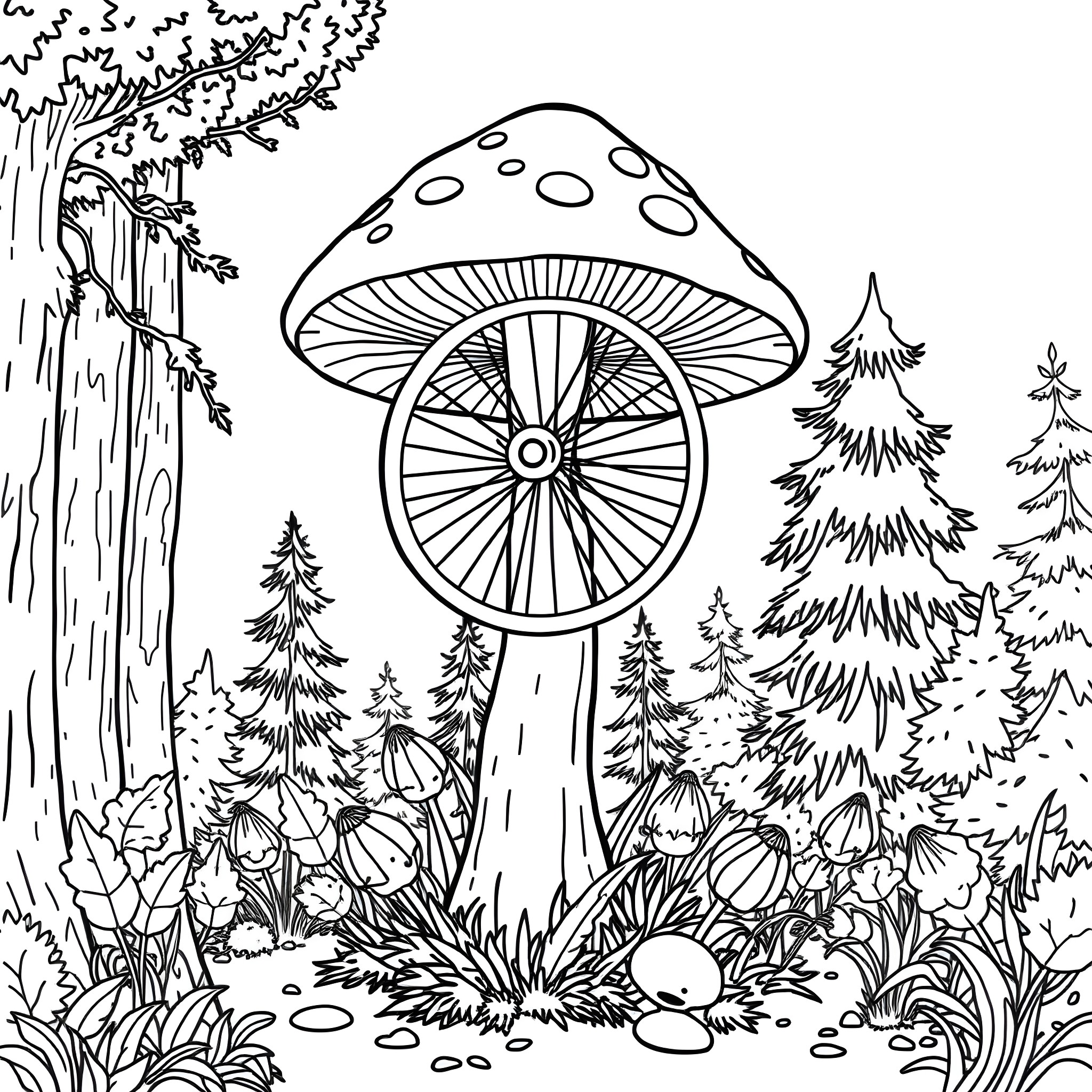 Mushroom Fairy Forest Landscape Coloring Page (free black-and-white line drawing printable PDF for all, from beginners to advanced learners, including children, teens, adults, and seniors)