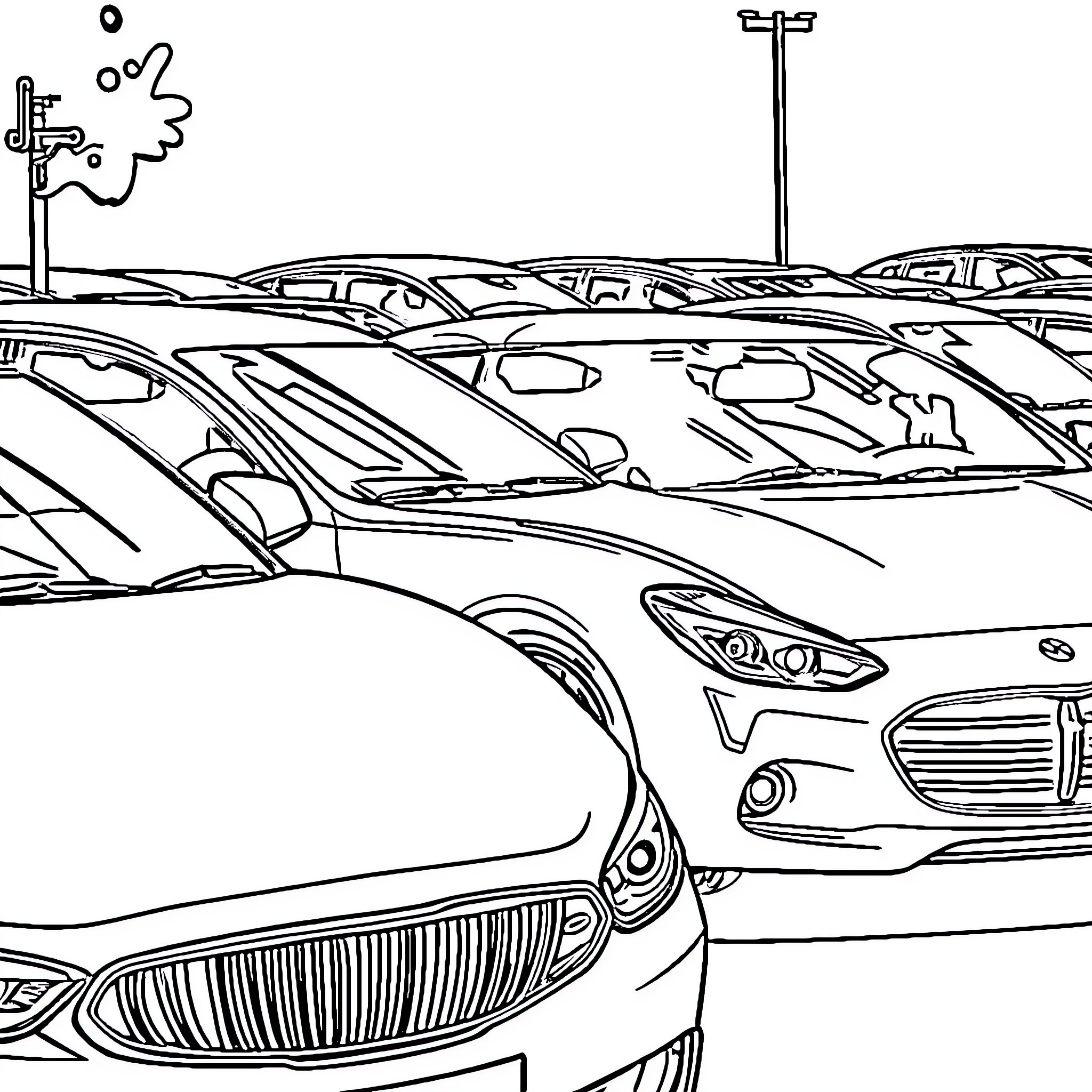 Car parking lot with various vehicles Coloring Page (free black-and-white line drawing printable PDF for all, from beginners to advanced learners, including children, teens, adults, and seniors)