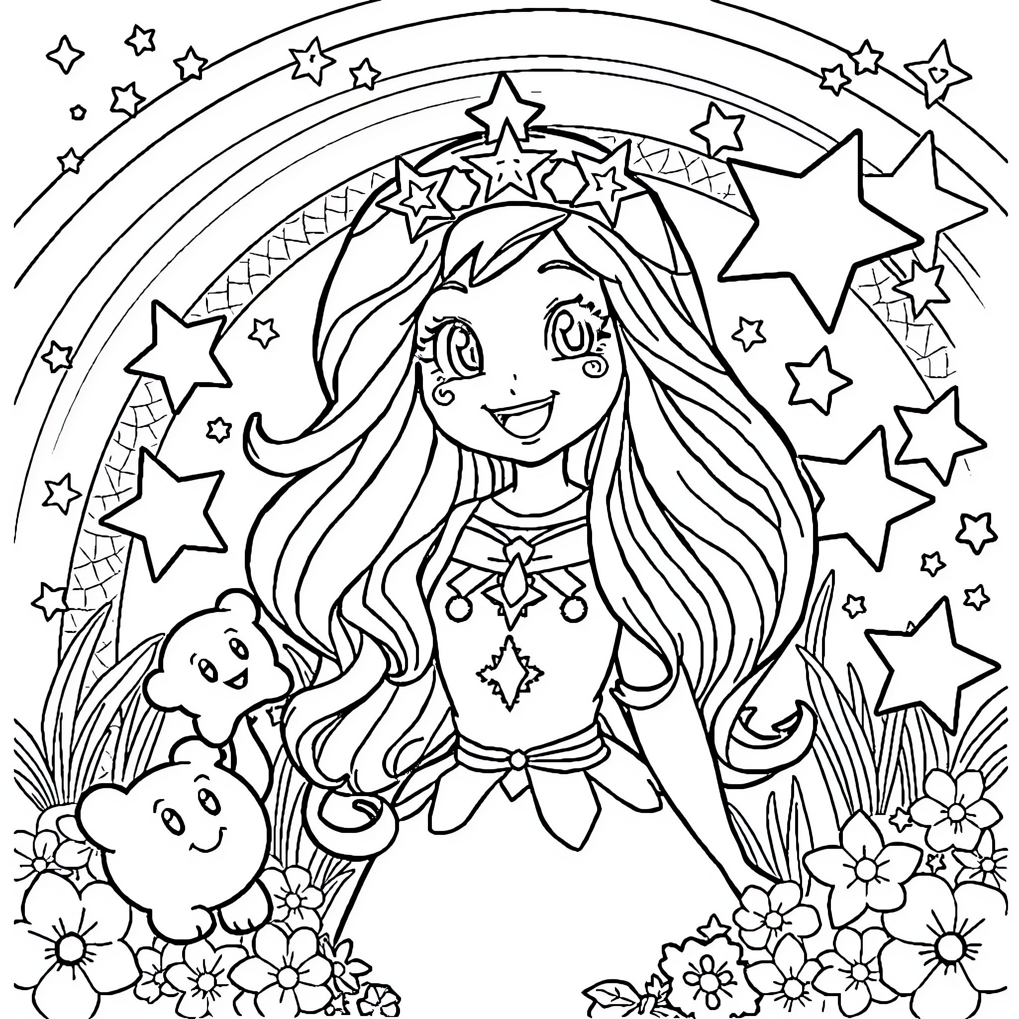 Rainbow Bright girl in a magical fantasy world Coloring Page (free black-and-white line drawing printable PDF for all, from beginners to advanced learners, including children, teens, adults, and seniors)