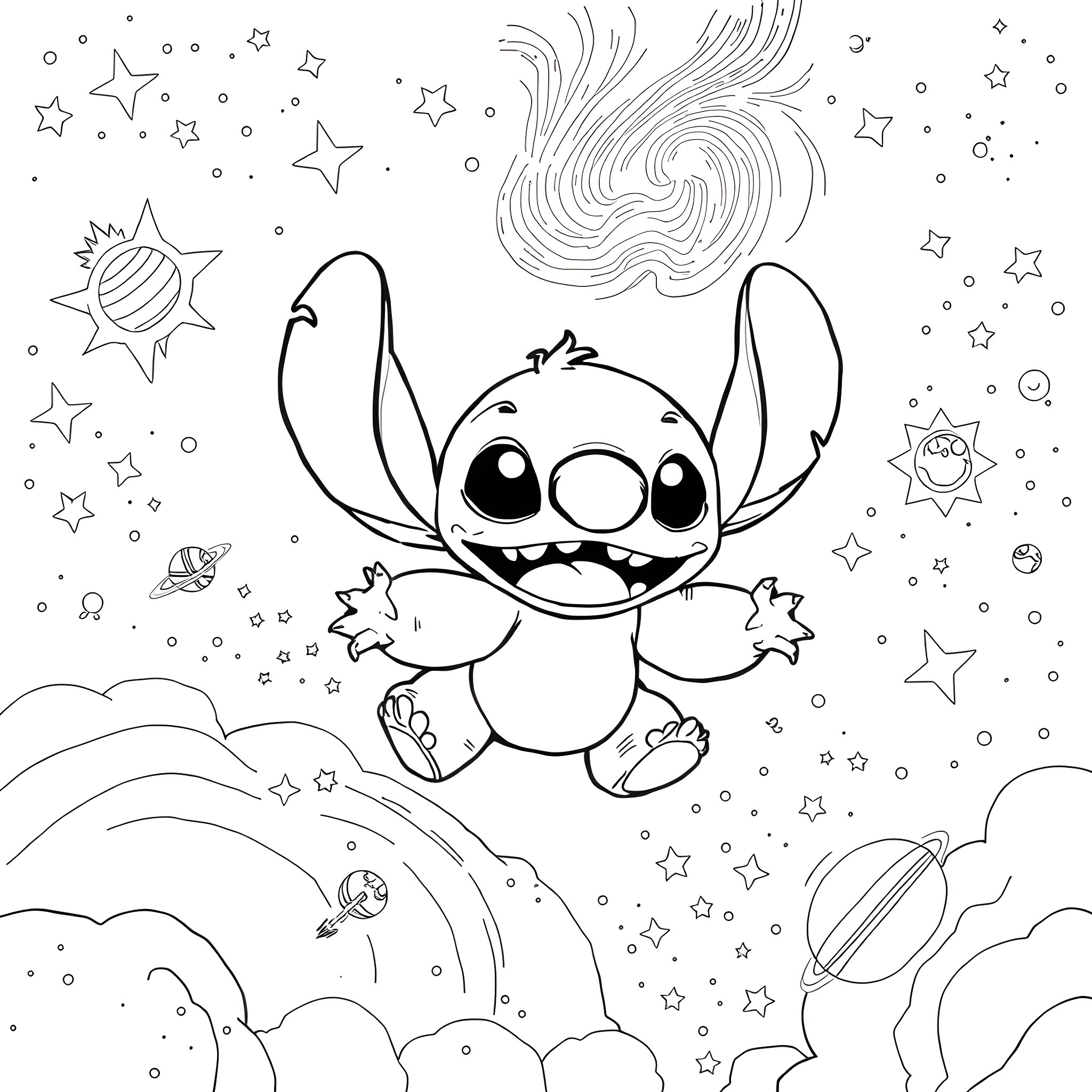 Stitch exploring the starry cosmos Coloring Page (free black-and-white line drawing printable PDF for all, from beginners to advanced learners, including children, teens, adults, and seniors)