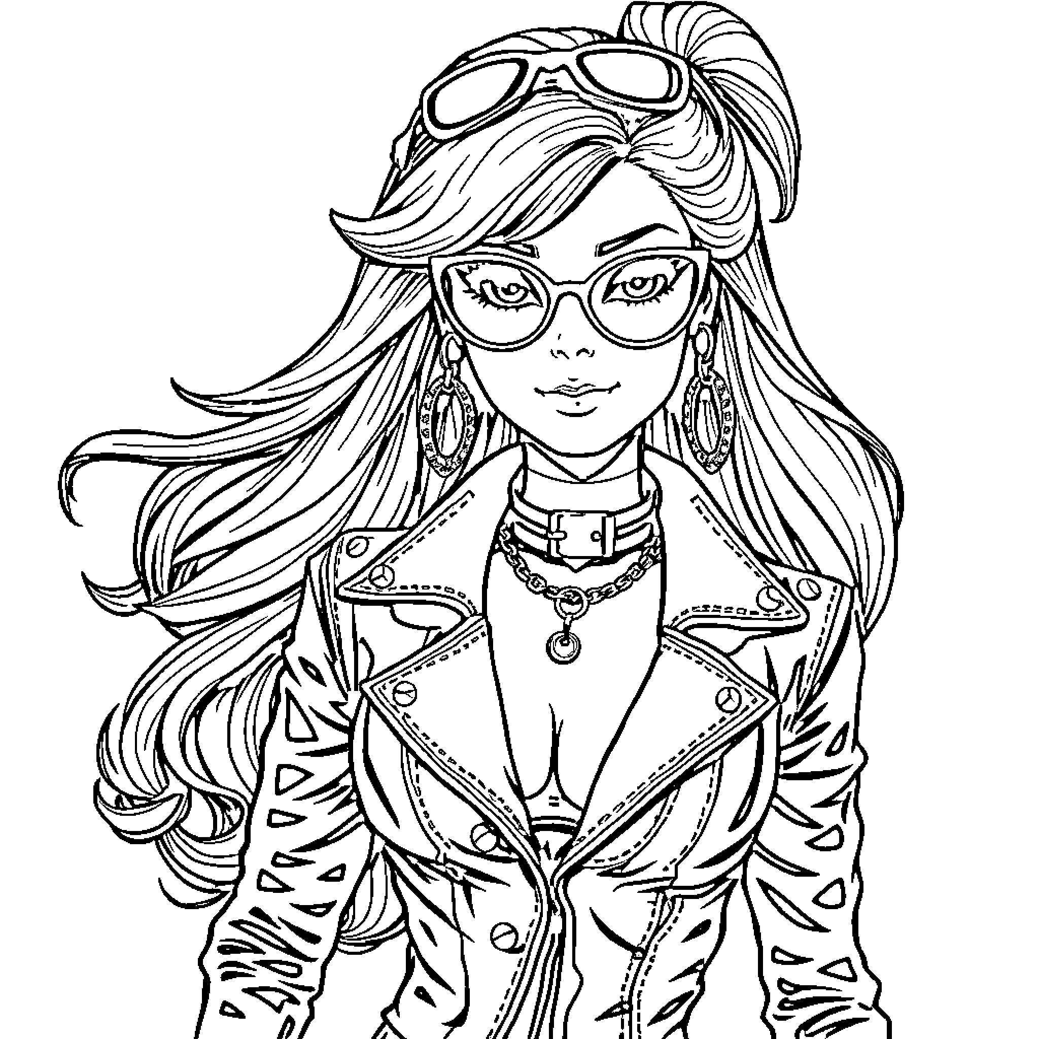 Barbie in Edgy Punk Rock Outfit Coloring Page (free black-and-white line drawing printable PDF for all, from beginners to advanced learners, including children, teens, adults, and seniors)