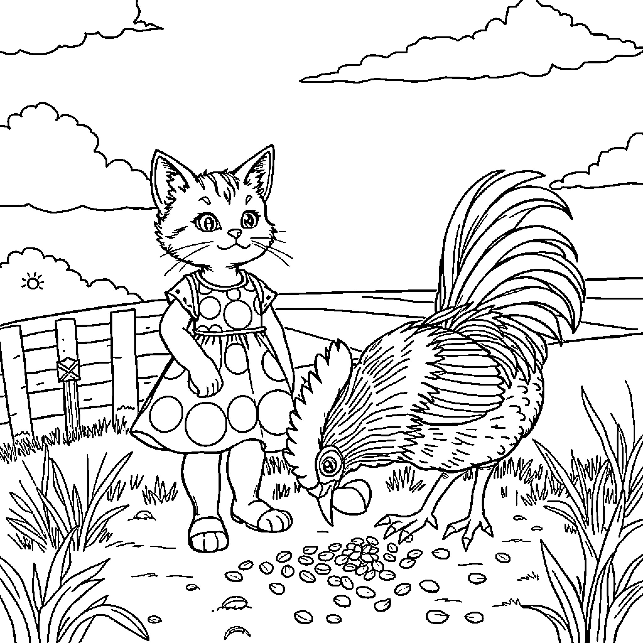 Girl in Polka Dot Dress Plays with Rooster in the Farm Coloring Page (free black-and-white line drawing printable PDF for all, from beginners to advanced learners, including children, teens, adults, and seniors)