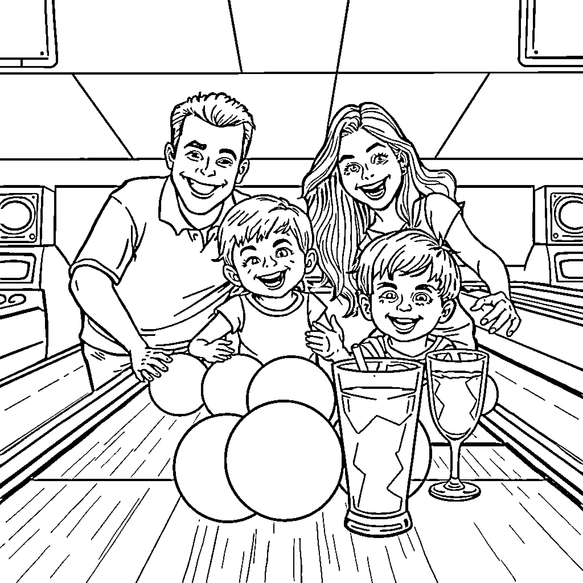 Family Enjoying Bowling Game Together Coloring Page (free black-and-white line drawing printable PDF for all, from beginners to advanced learners, including children, teens, adults, and seniors)