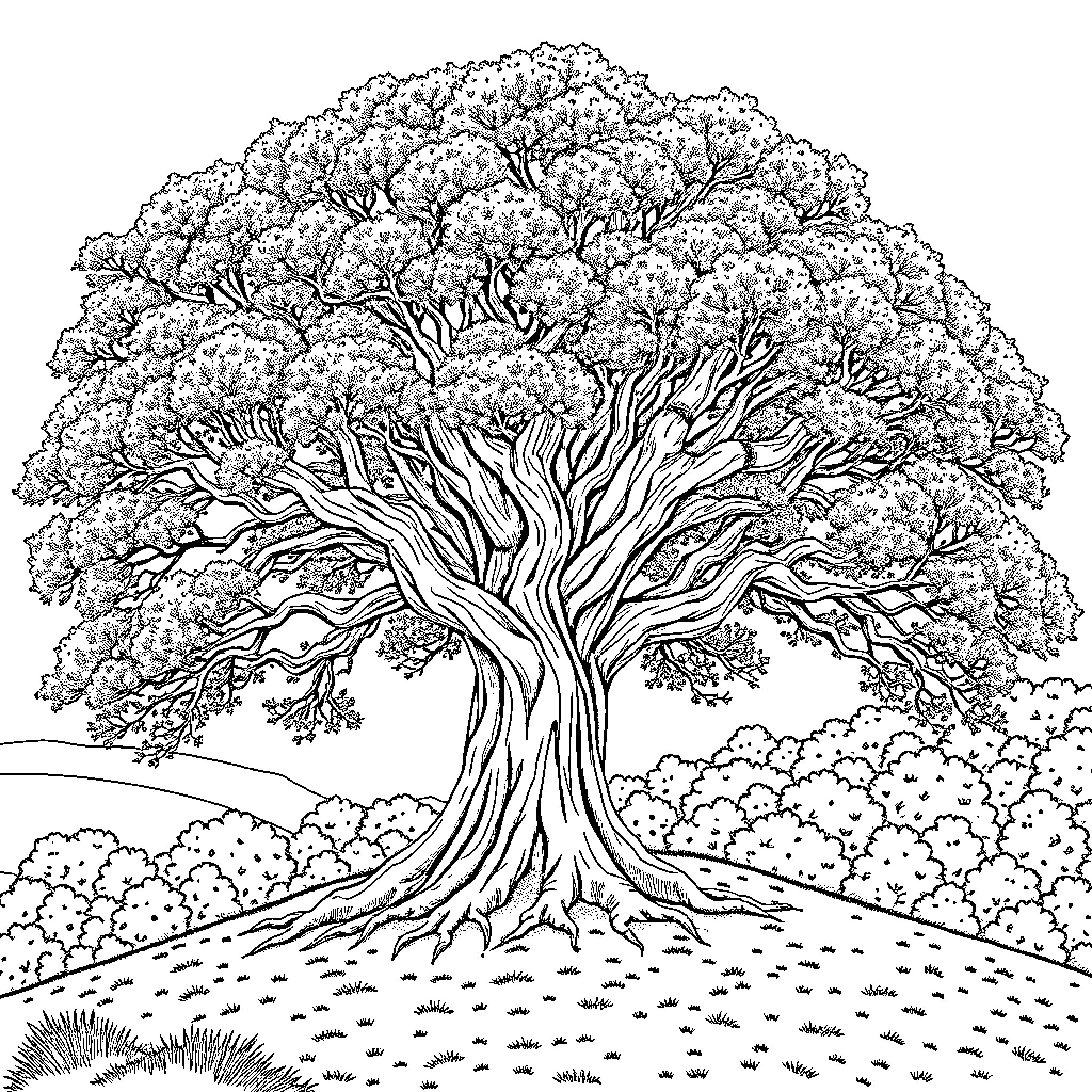 Tree with Intricate Branches in Landscape Coloring Page (free black-and-white line drawing printable PDF for all, from beginners to advanced learners, including children, teens, adults, and seniors)
