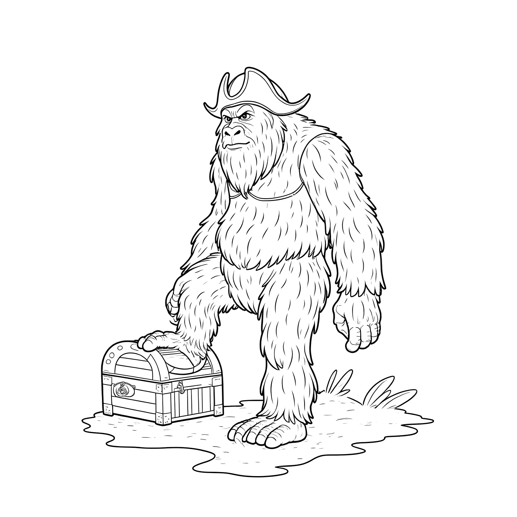 Bigfoot the Pirate Exploring a Treasure Chest Coloring Page (free black-and-white line drawing printable PDF for all, from beginners to advanced learners, including children, teens, adults, and seniors)