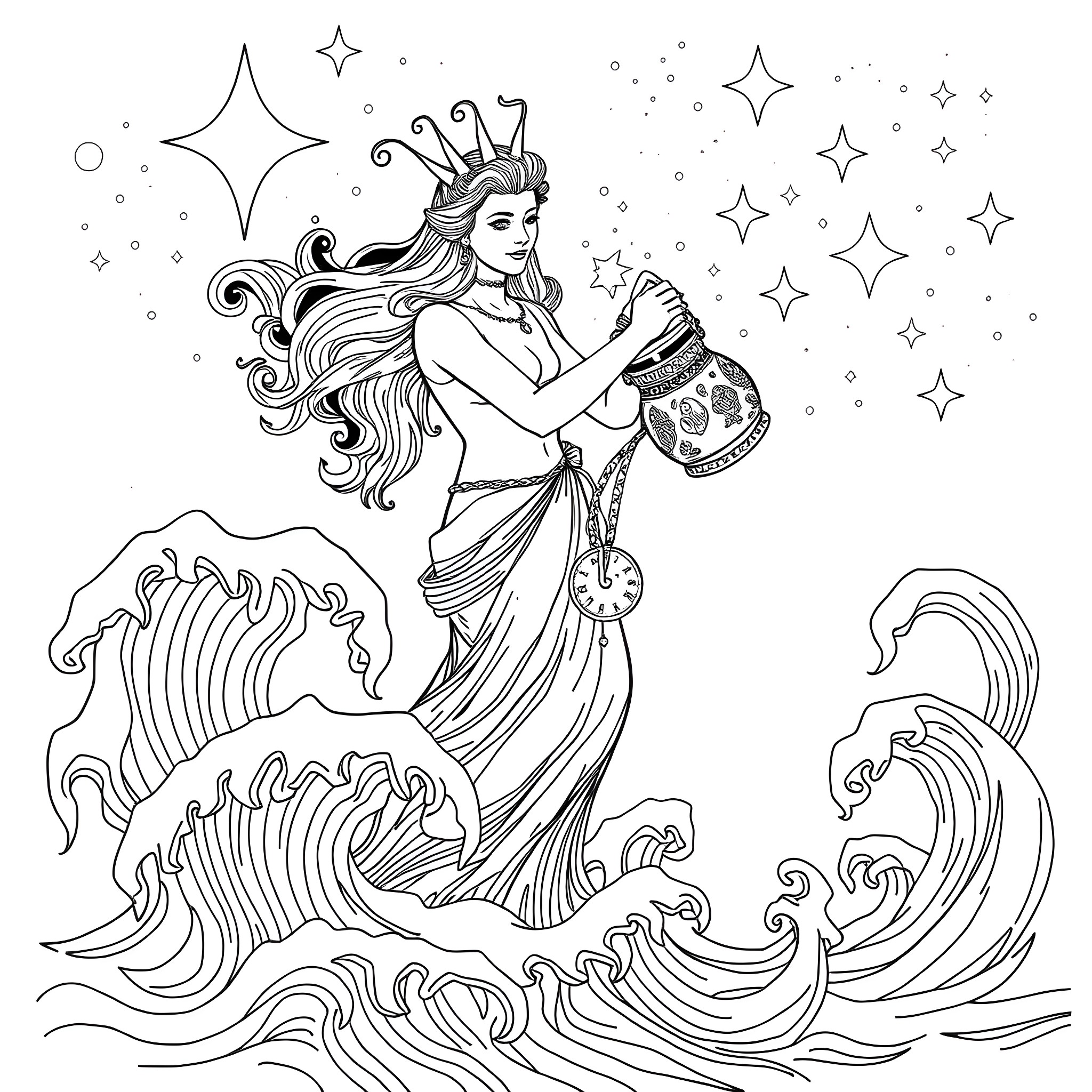Aquarius - Celestial Maiden Amid Waves and Stars Coloring Page (free black-and-white line drawing printable PDF for all, from beginners to advanced learners, including children, teens, adults, and seniors)