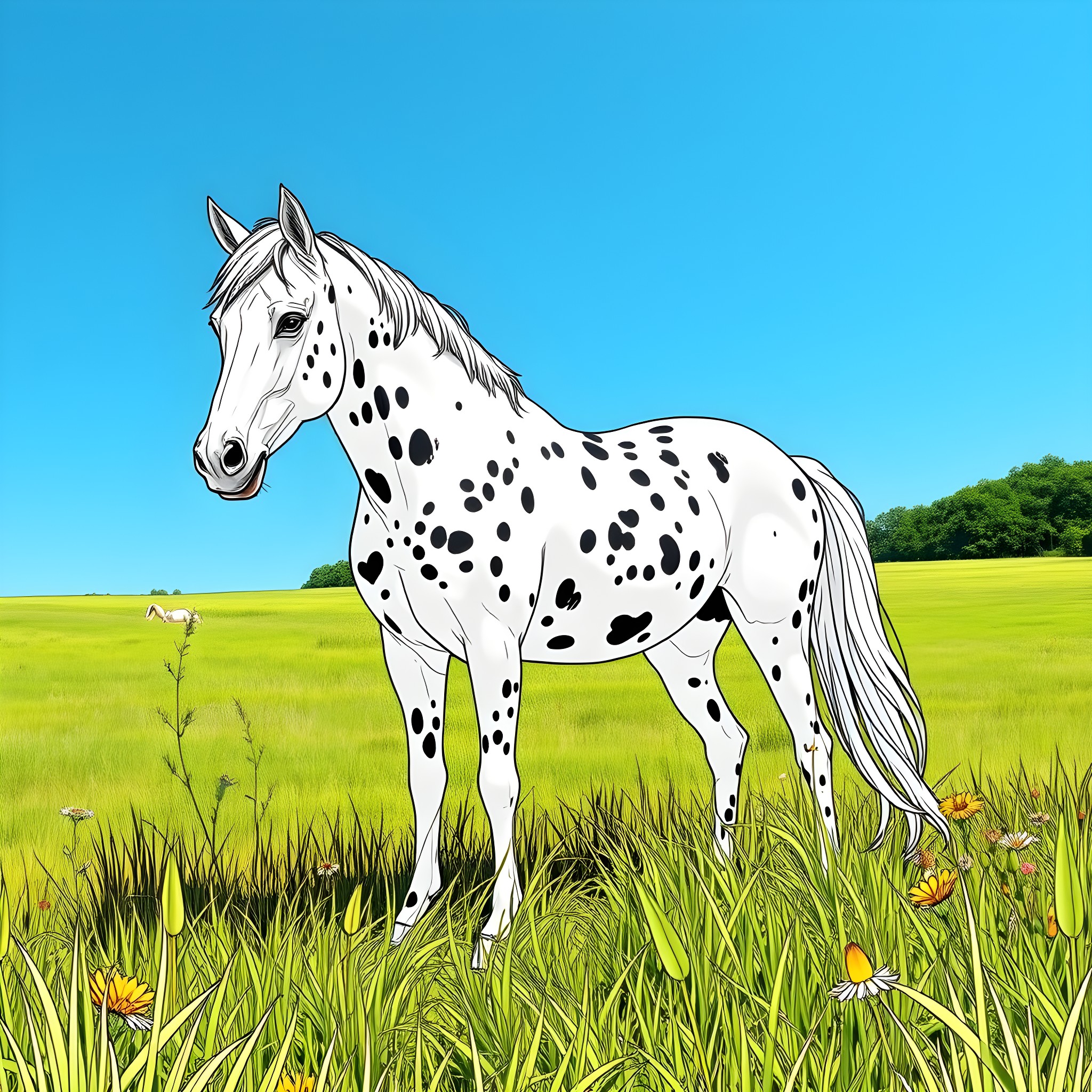 Appaloosa horse standing in a grassy field Coloring Page (free black-and-white line drawing printable PDF for all, from beginners to advanced learners, including children, teens, adults, and seniors)